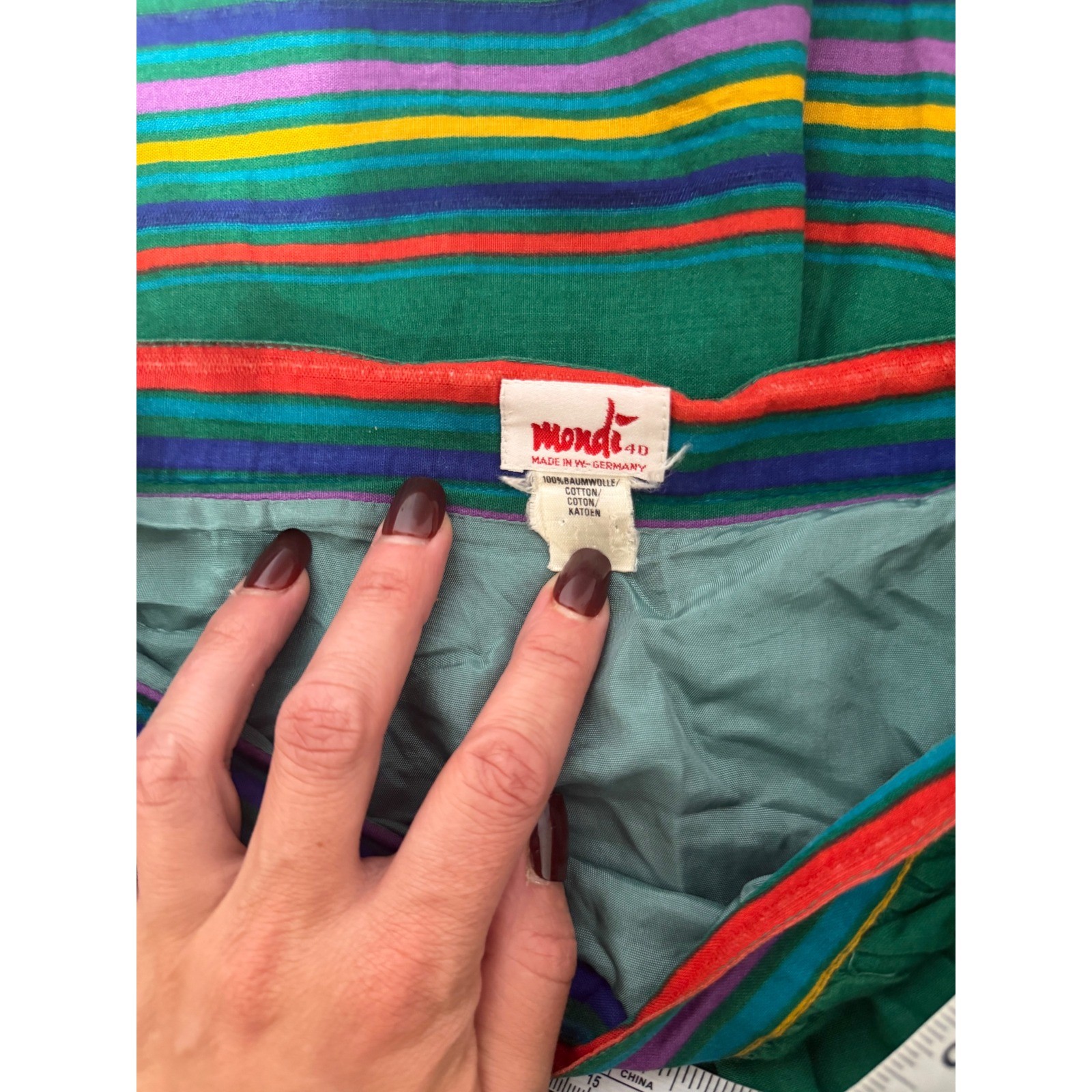 Vintage Mondi Skirt Set 40 Green Multi Stripe Retro Colorblock Cotton 1980s