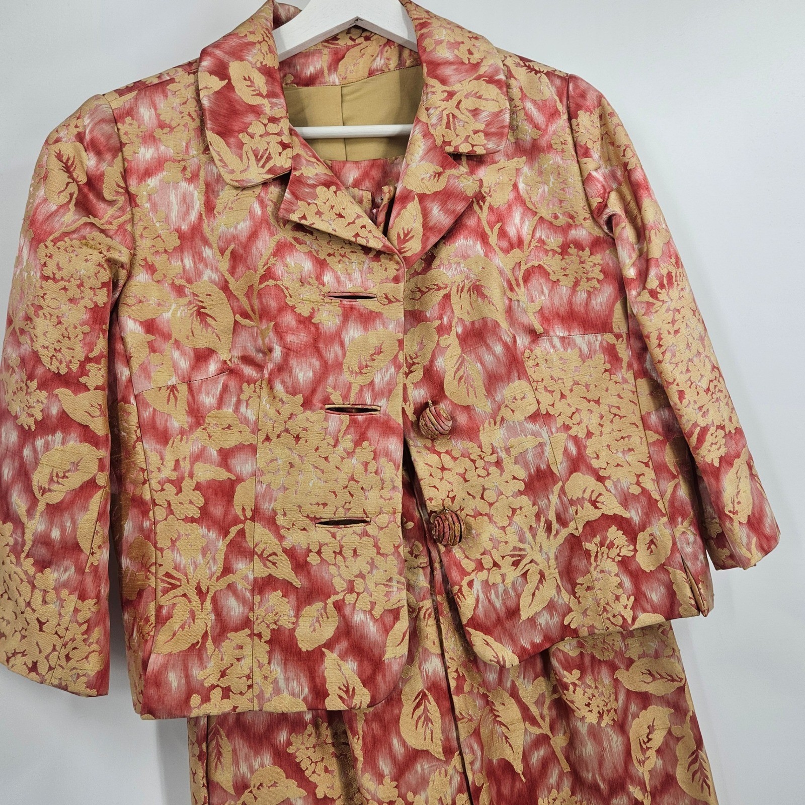 Vintage 1950s Mollie Parnis Dress Set Pink Gold Floral Brocade Office Mad Men XS