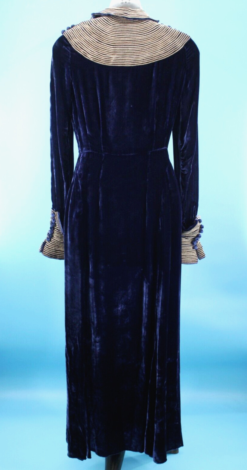 Vtg 30s Blue Velvet Maxi Dress W/ Gold Trim 1930s Fashion Originators Guild