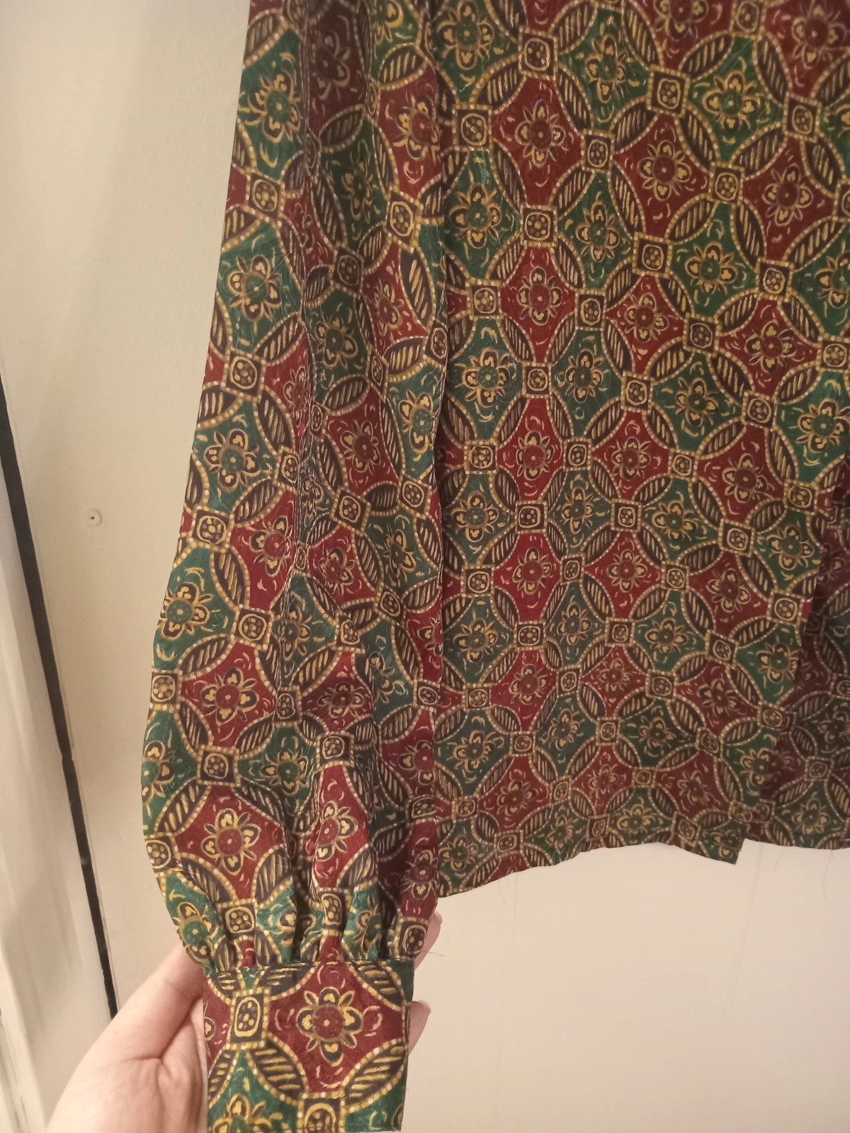 Vintage Cute Blouse, Button Down, Red and Green with Gold Details
