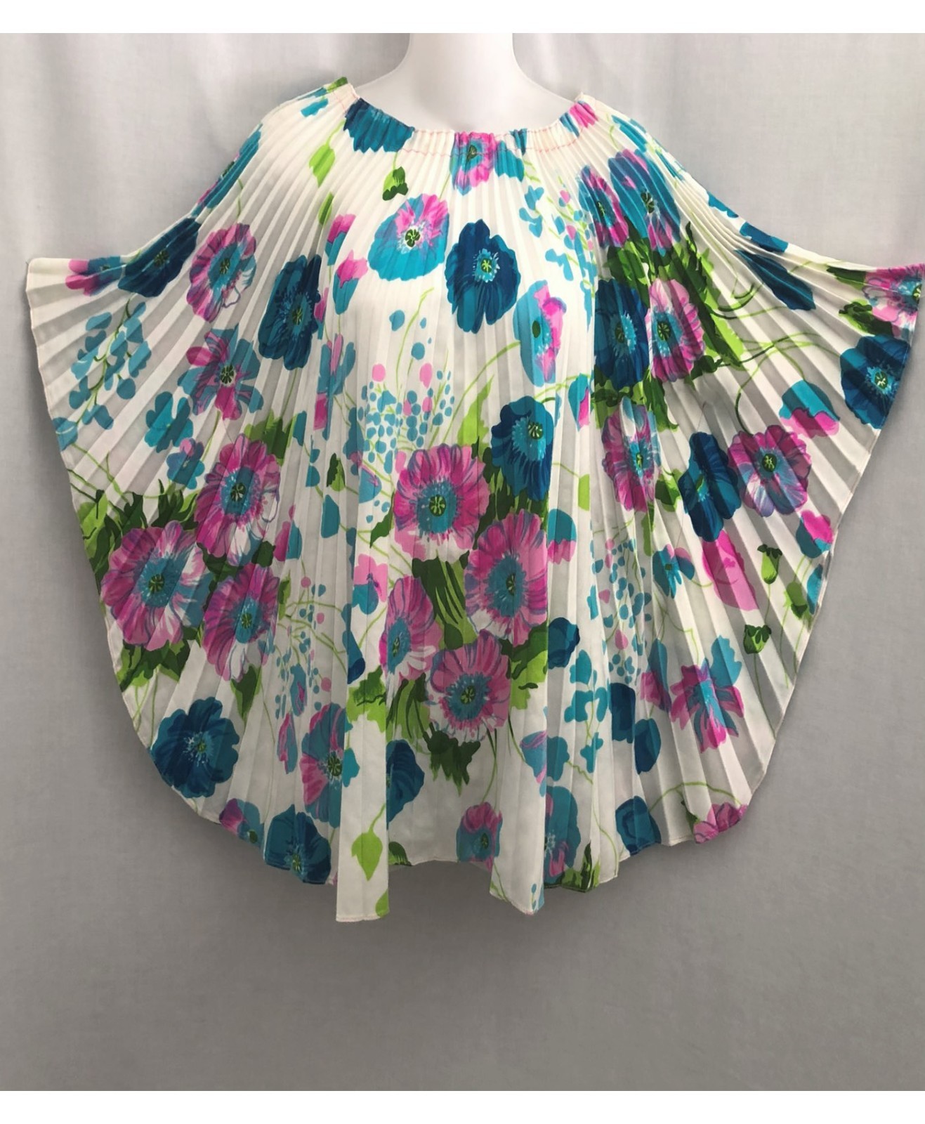 Vintage 70s Neon Floral Caftan Tunic Accordion Pleat Size S-M