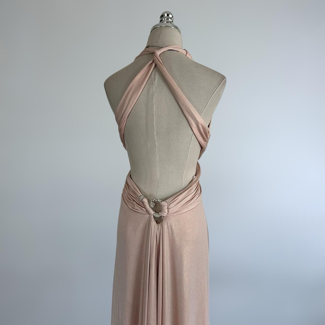 Vintage 90s Y2k Baby Pink Shimmer Backless Ruched Embroidered Gorgeous PROM Maxi