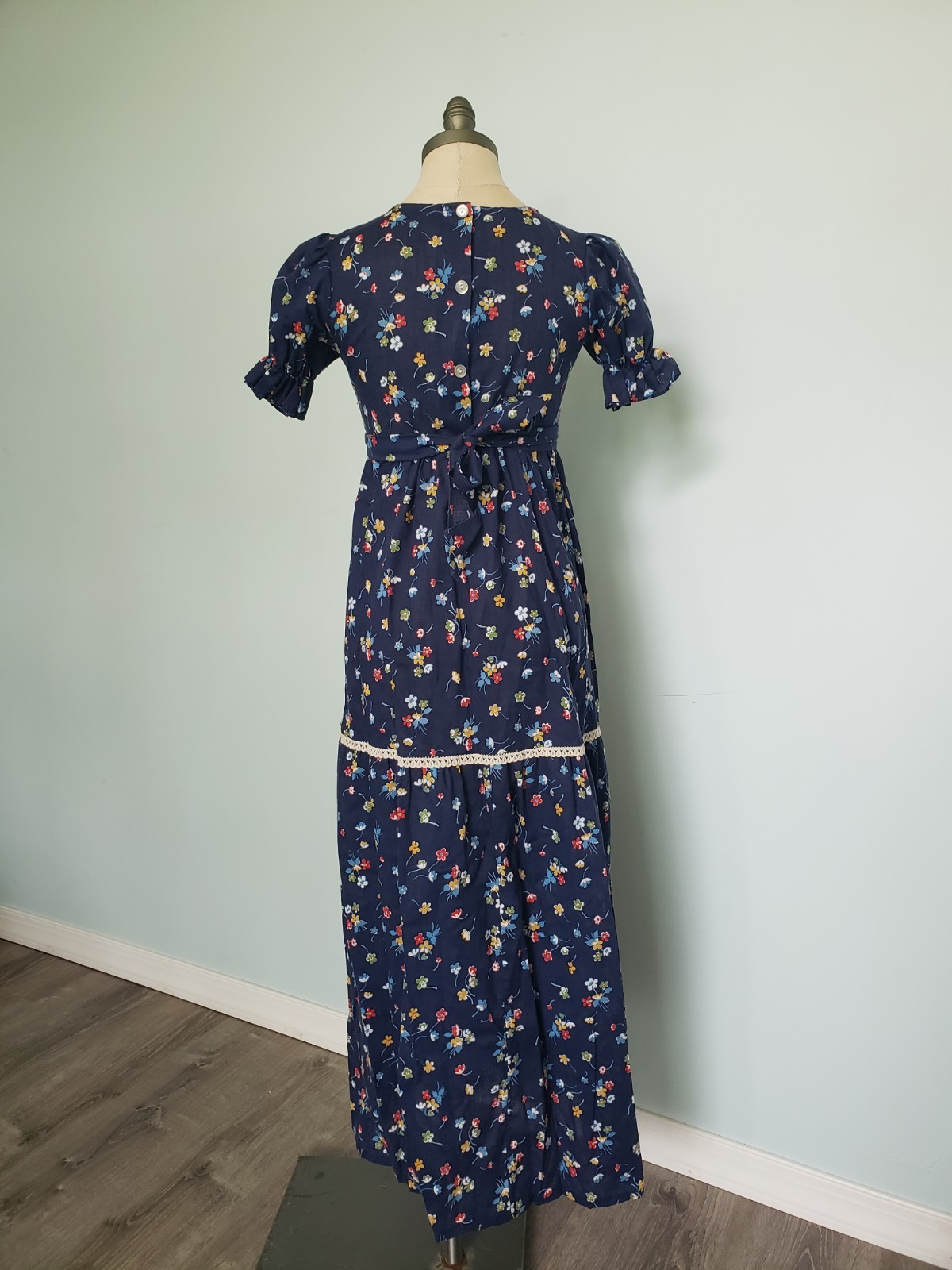 VTG 70s Spencer California Girl’s 14 Prairie Dress Maxi Blue Floral Puff Sleeve