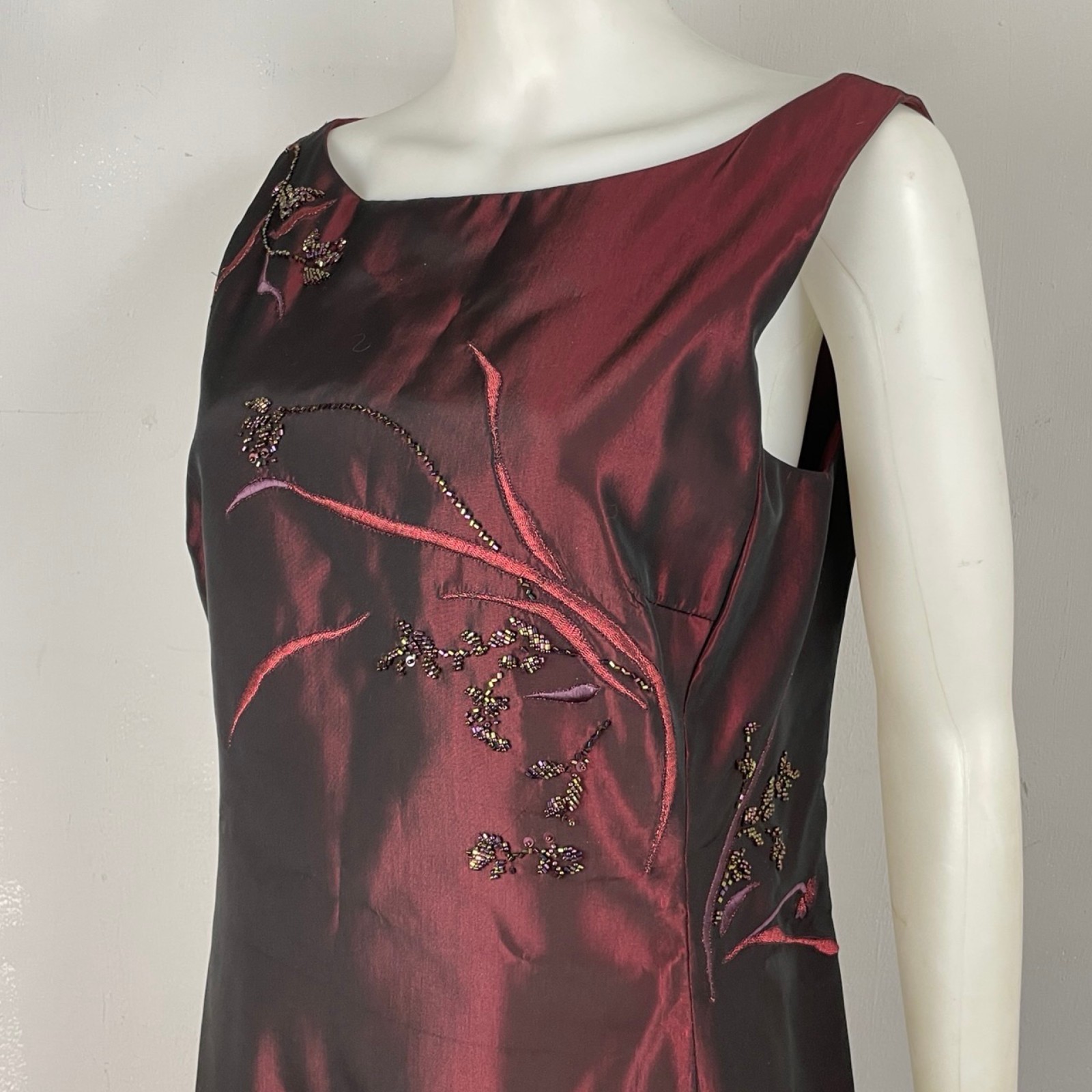 Vintage Kay Unger Beaded Dress Size Medium Burgundy Floral Embroidered Taffeta