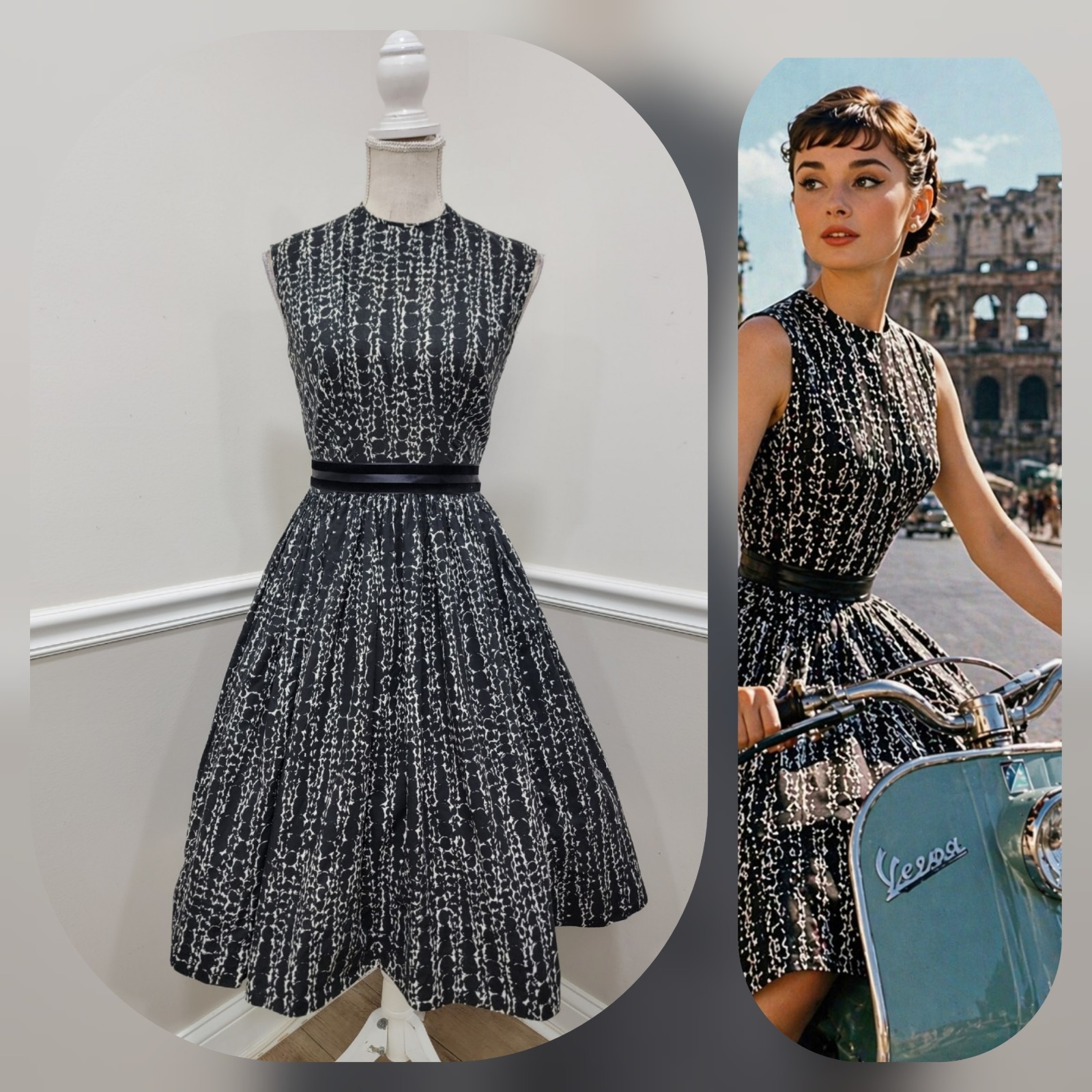 VTG 50s An Arkay Mid-Century Black White Full Skirt Dress Audrey Hepburn