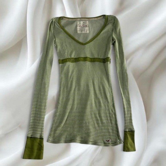 Hollister green striped v-neck babydoll long sleeve top y2k vintage mcbling