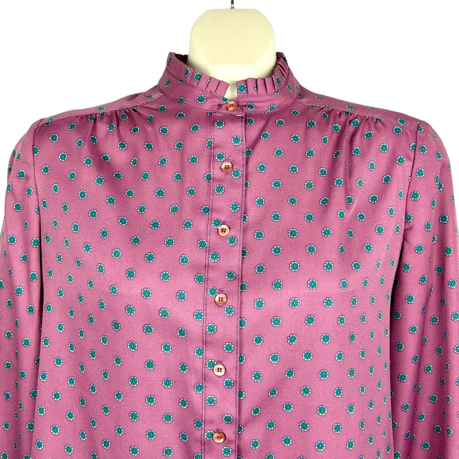 VTG Schrader Sport NY Satin Shirt Dress Ruffle Collar & Sleeves Purple Size 12