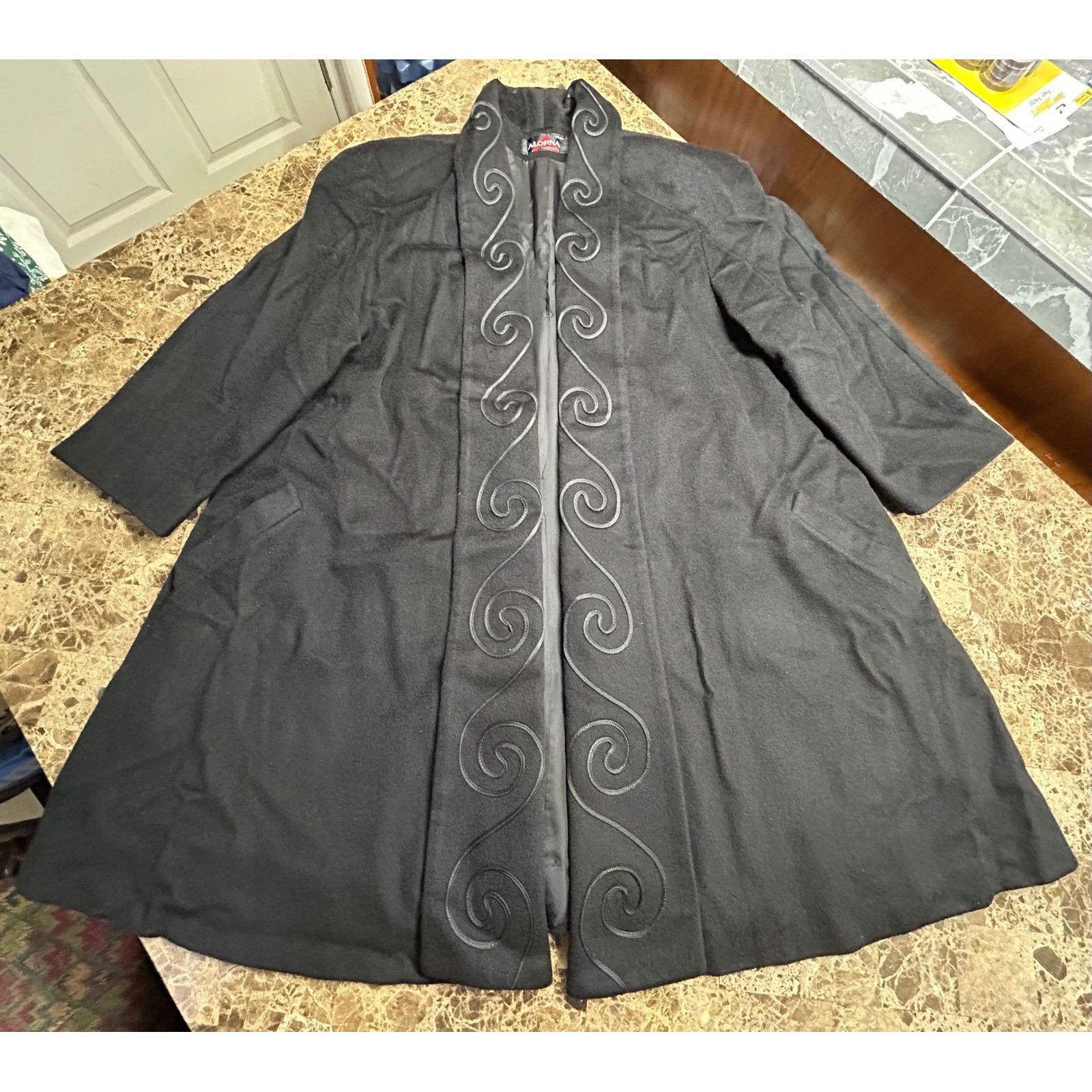 Alorna Vintage Womens Embroidered Open Front Long Coat Black Wool Blend