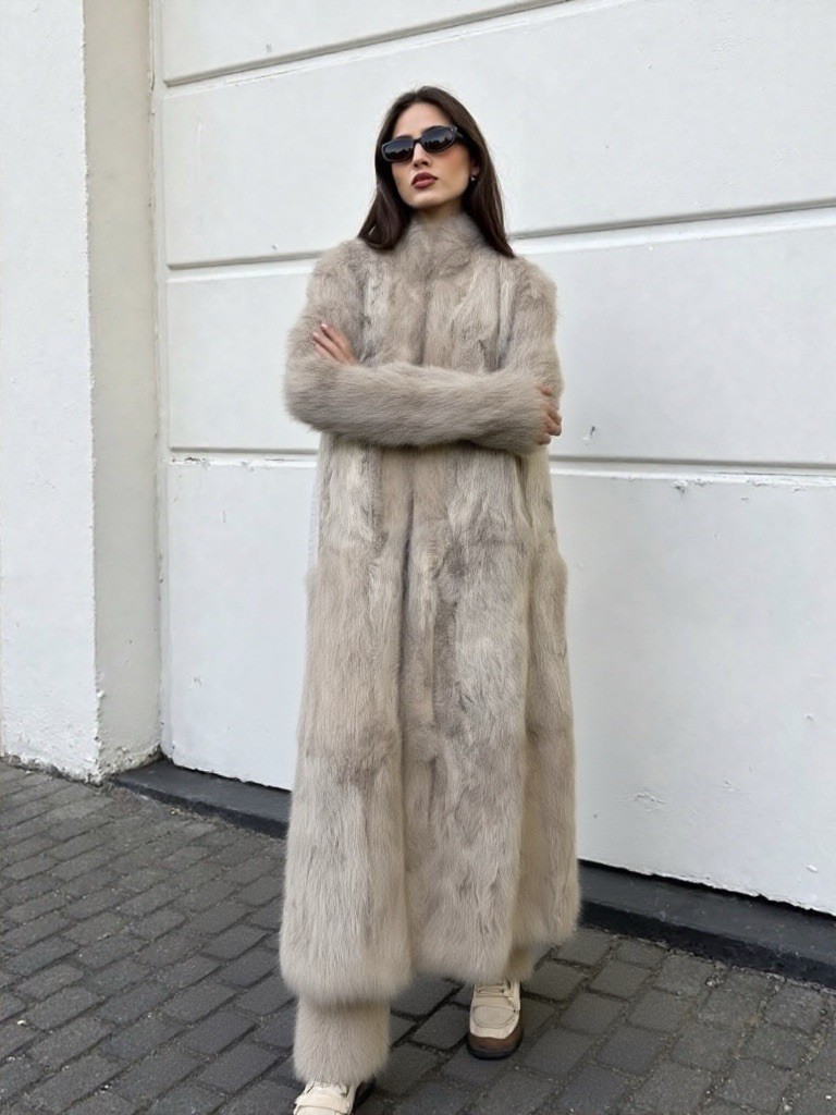 Vintage Beige Rabbit Fur Full Length Coat Size Medium Satin Lining RN 596