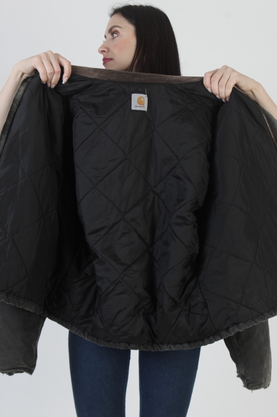 Vintage Carhartt Corduroy Collar Coat Insulated Black Chore Work Full Zip Jacket