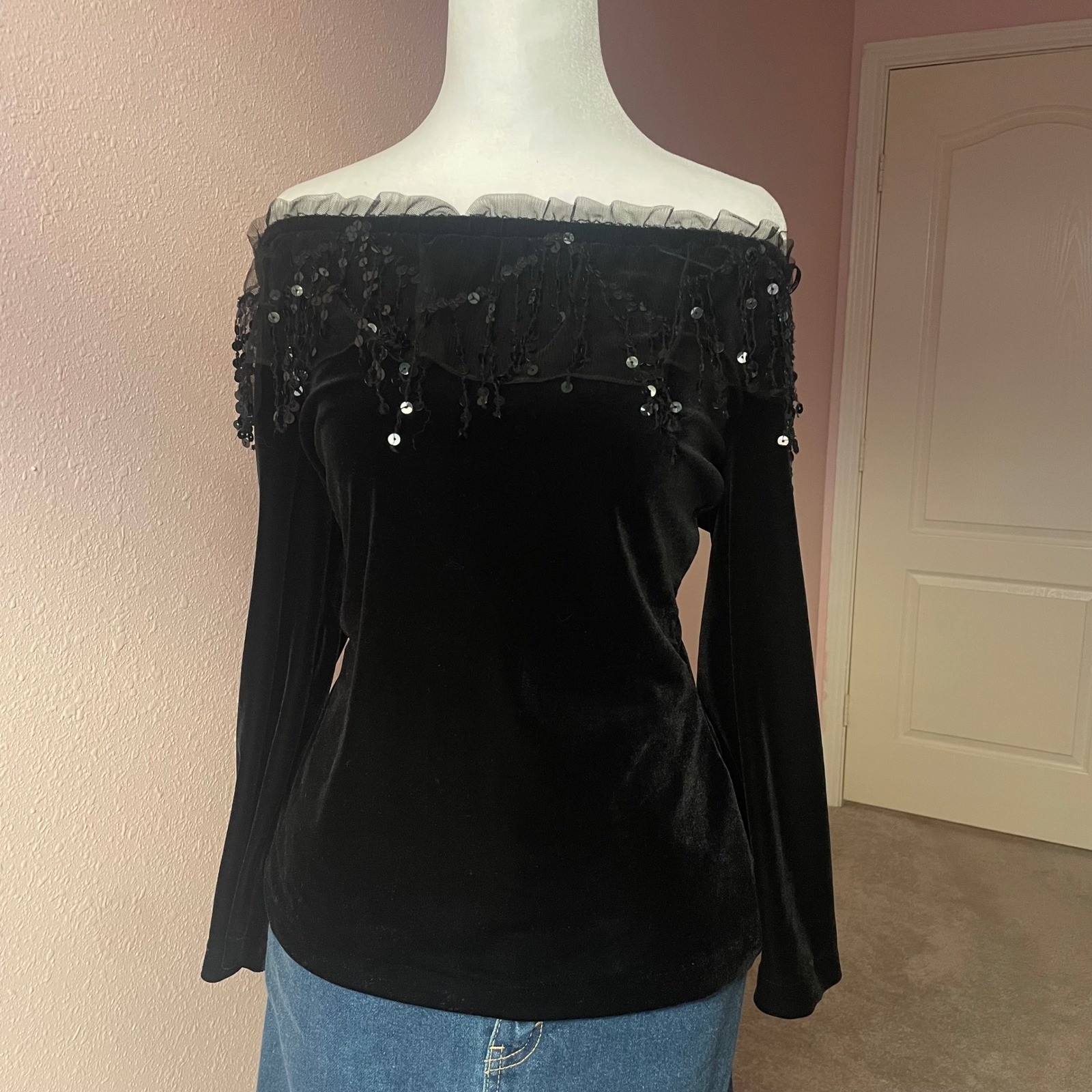 Vintage 1980s / 1990s Whimsygoth Velvet Off the Shoulder Blouse