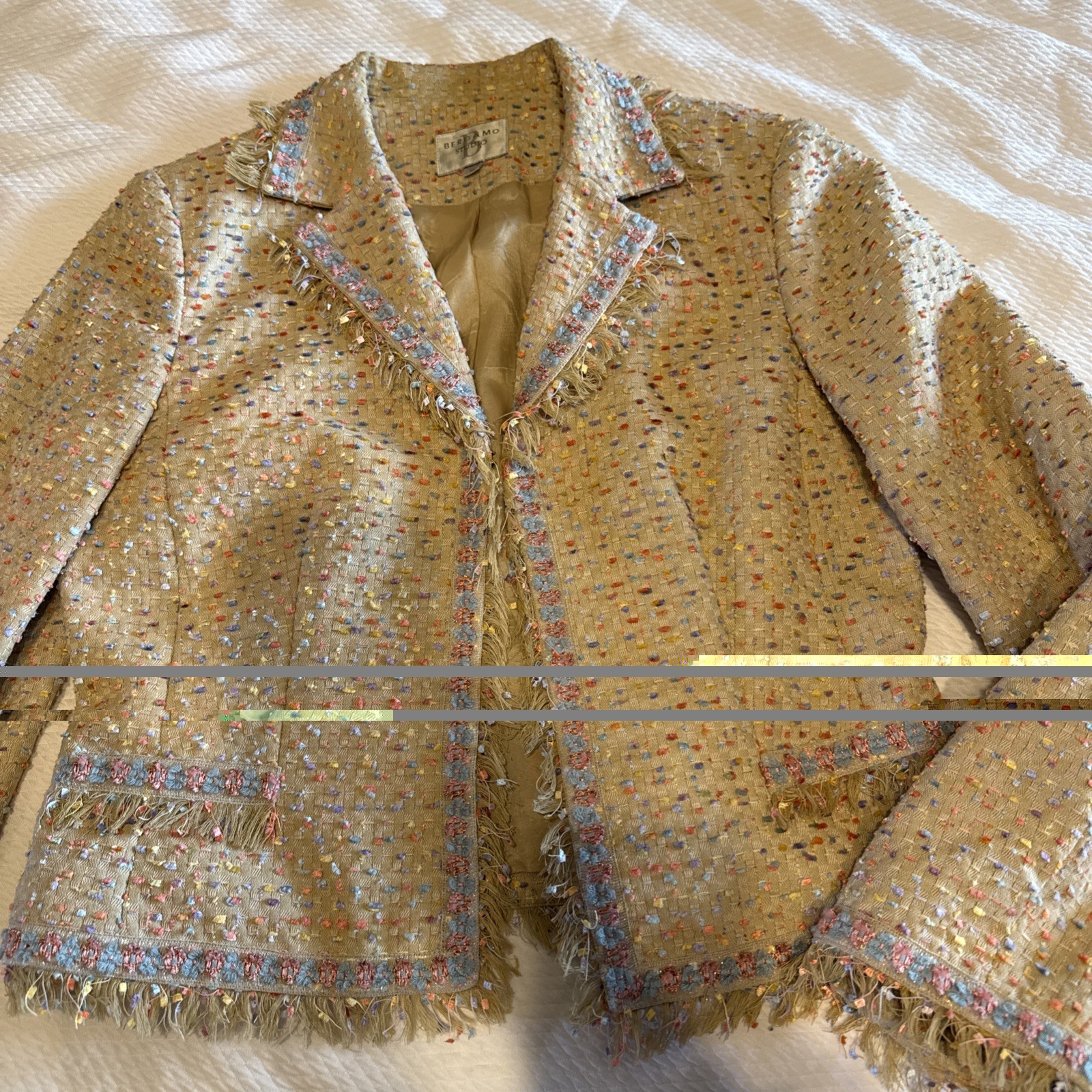 Bergamo Studio Beige Cream Tweed Blazer Size 10 Cropped Confetti Jacket Fringe