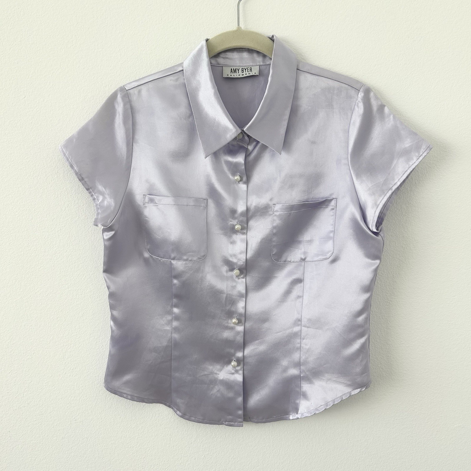 Vintage Amy Byer Lilac Silky Blouse Size S 90s Pearlescent Button Front