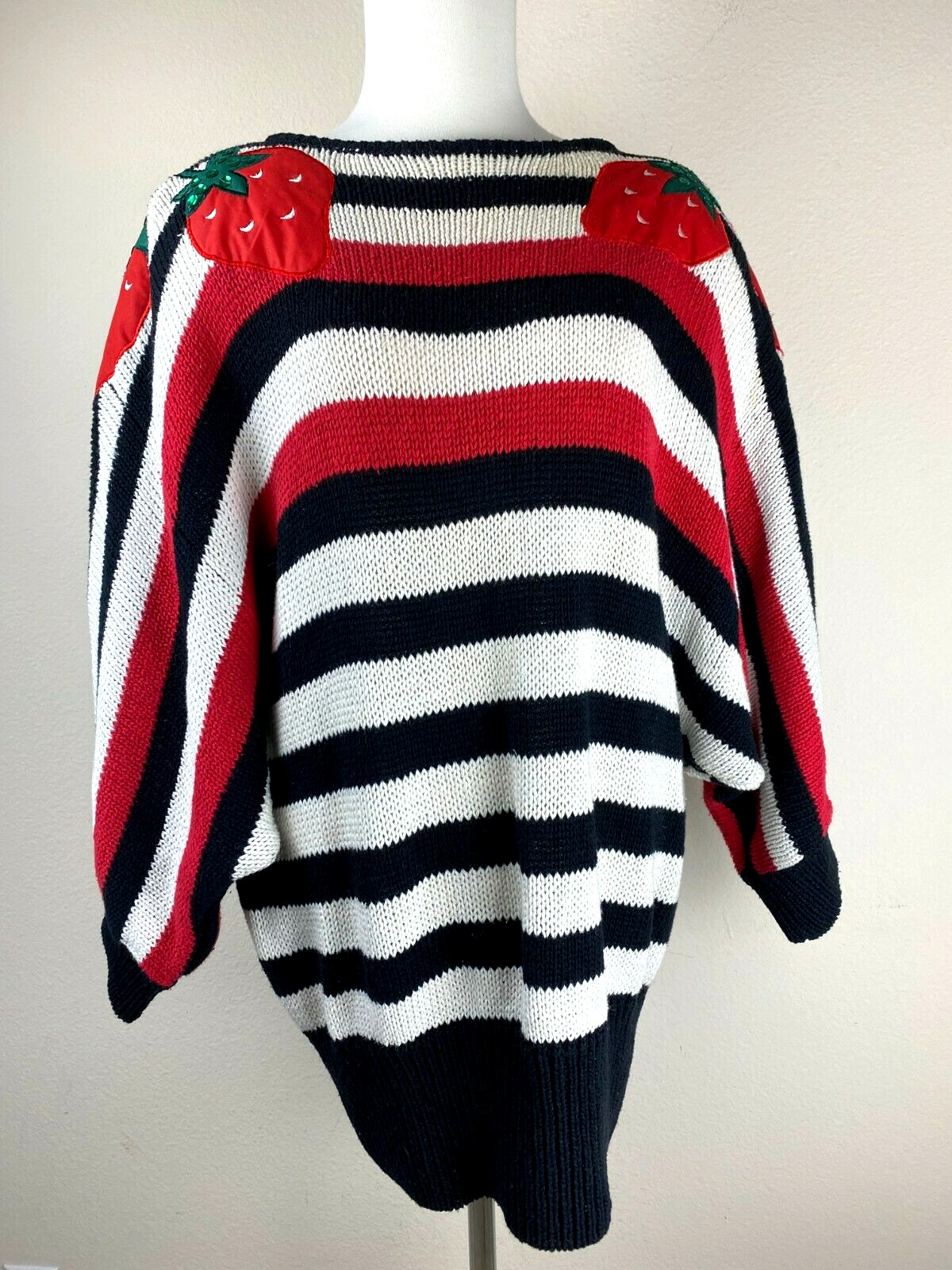 VTG 80s Bonnie Boerer Grannycore Batwing Chunky Sweater S Red Black Striped Knit