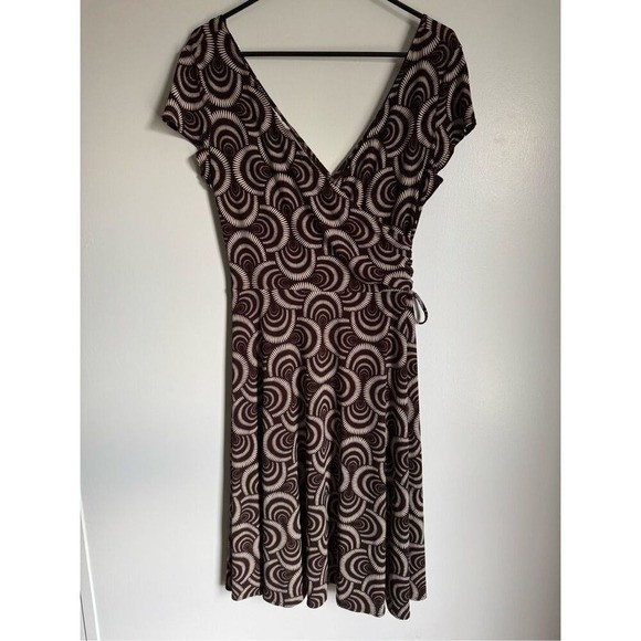 90s Vintage London Times Sz 14 Womens Swirl Print Vneck Flutter Sleeve Tie Dress