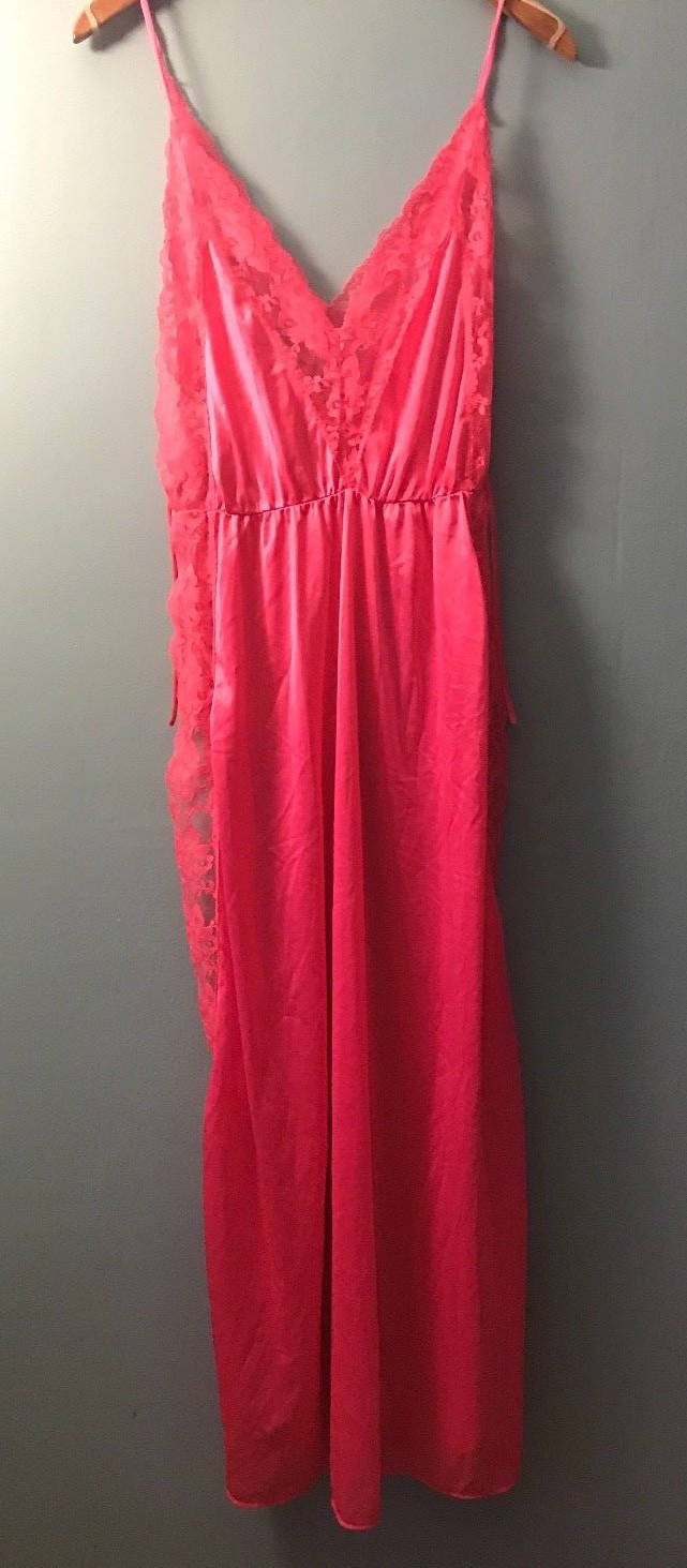 Vintage Vandemere Nylon Negligee Hot Pink Open Tie Sides Lace Sexy Lingerie Long