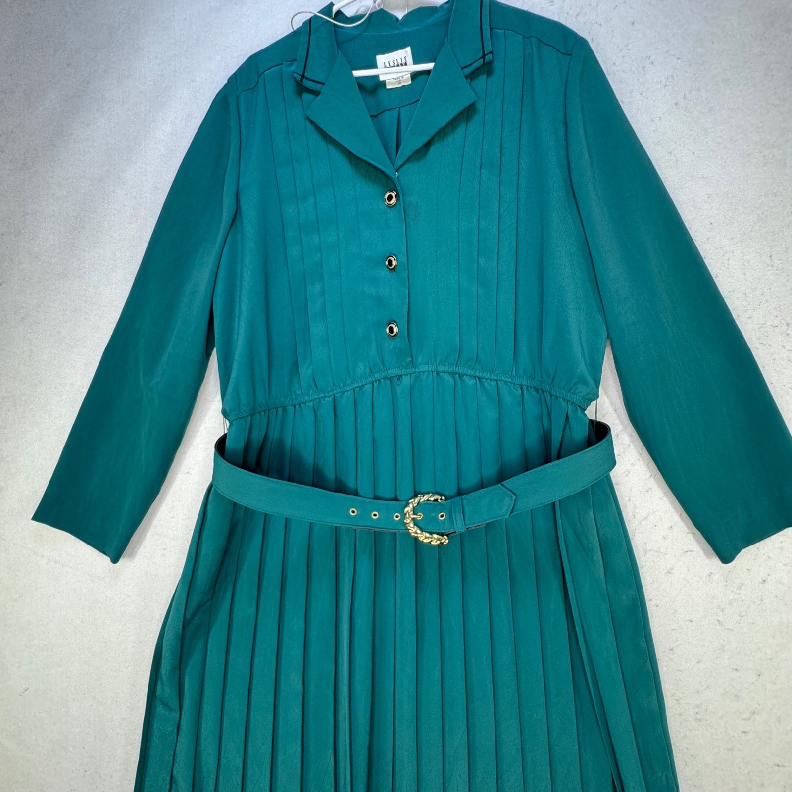 Leslie Fay Dress Womens 18 Teal Pleated Skirt Belted Vintage 80s Secretary Midi