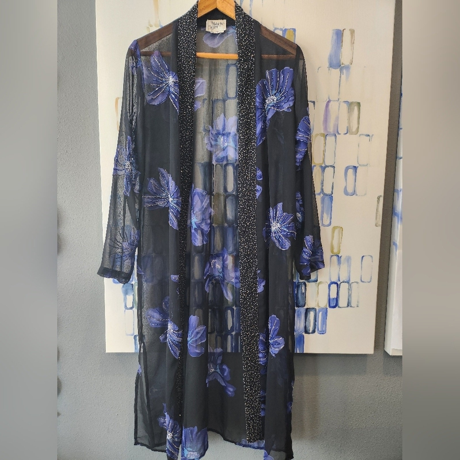Vintage Midnight Velvet Elegant Black and Blue Silk Beaded Floral Sheer Robe