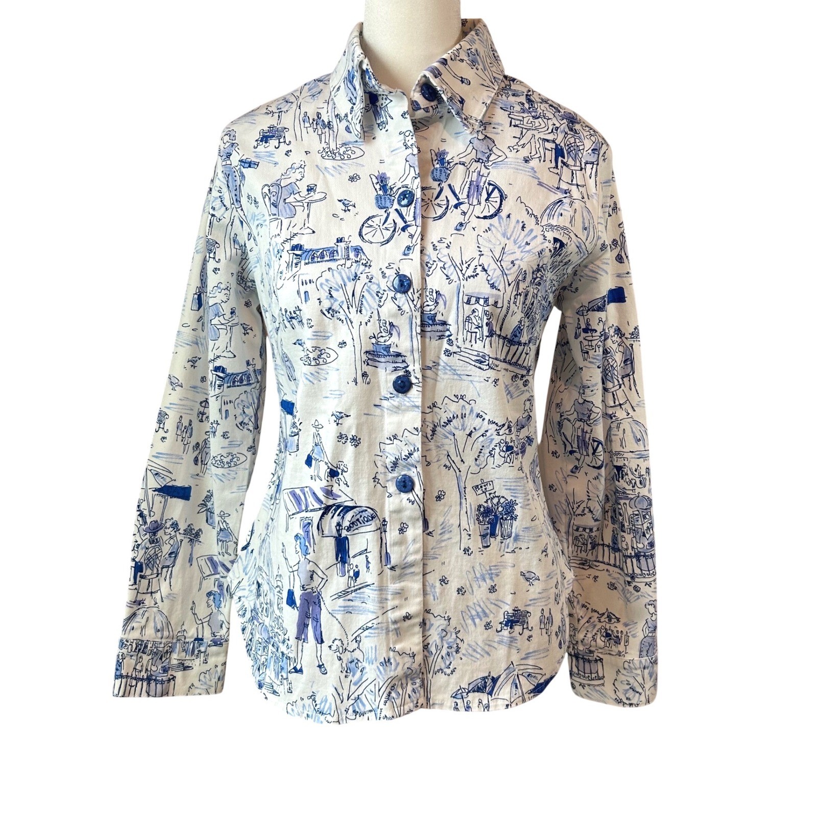 Vintage Lilly of California Blue White Toile Novelty Print Button Front Shirt XS