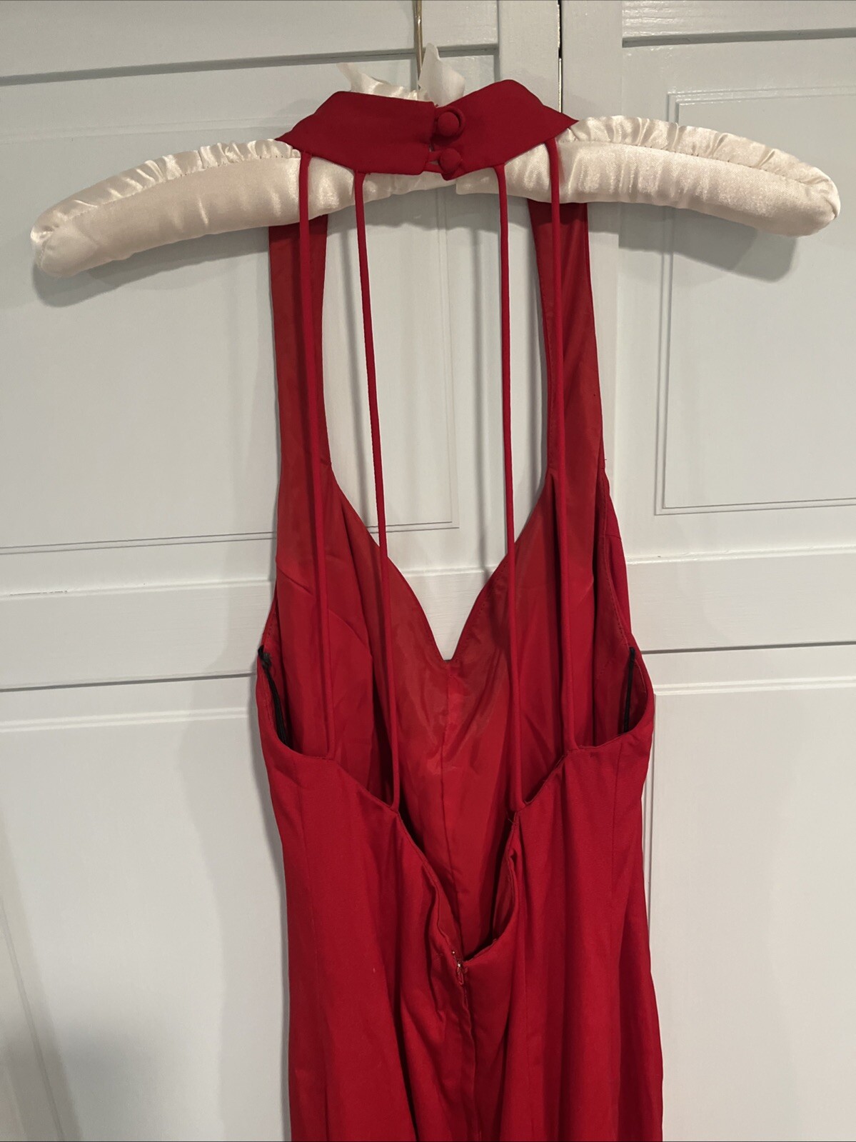 Karen Lucas Dress Women’s 12 Red Long Cut Slits Slats Sexy Vintage~RARE