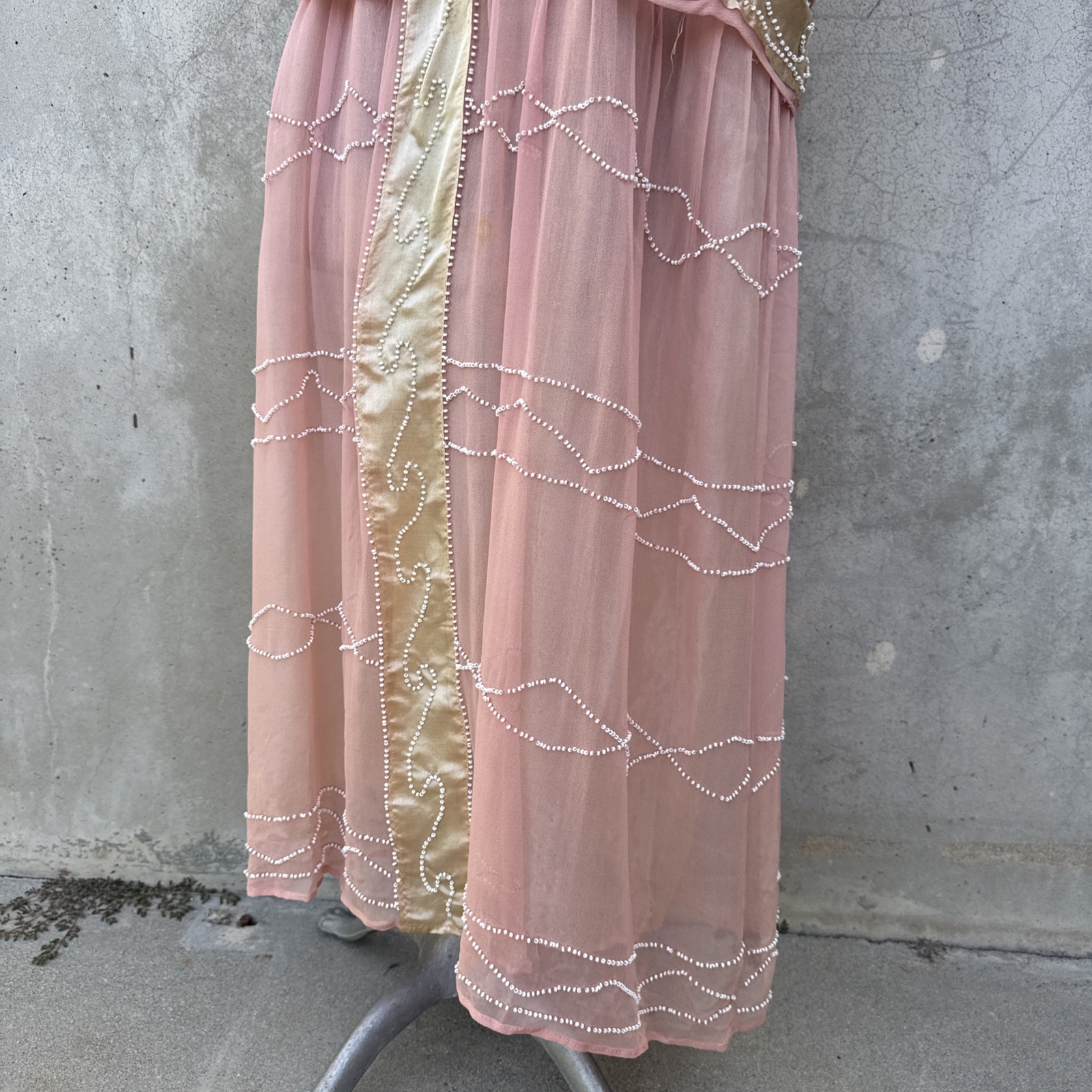 Antique 1920s Pink Silk Chiffon Dress Beaded Waves Oppenheim Collins Vintage