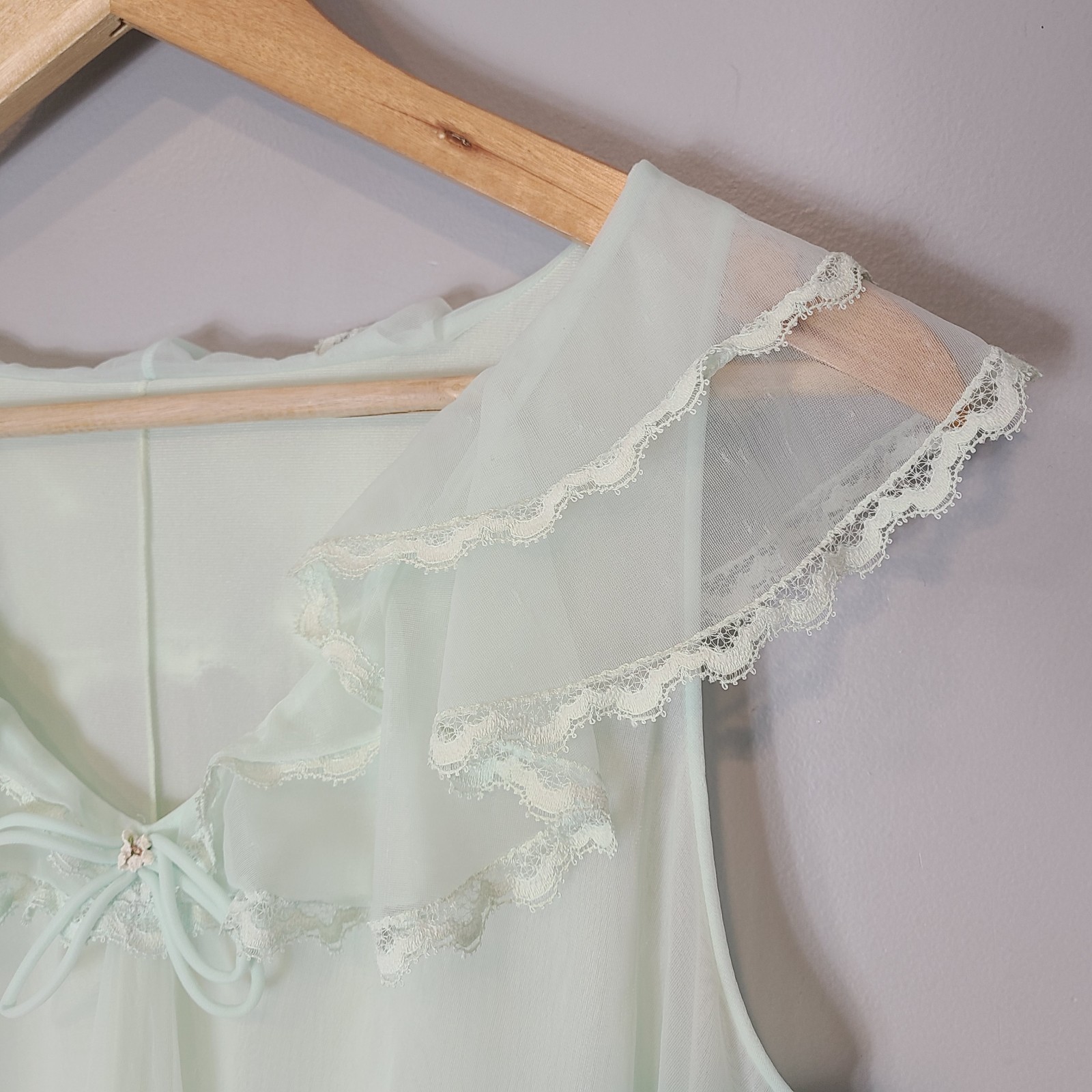 Vtg 50s Sheer Nylon Chiffon Babydoll Peignoir Dress Lace Sz Medium Dainty Green
