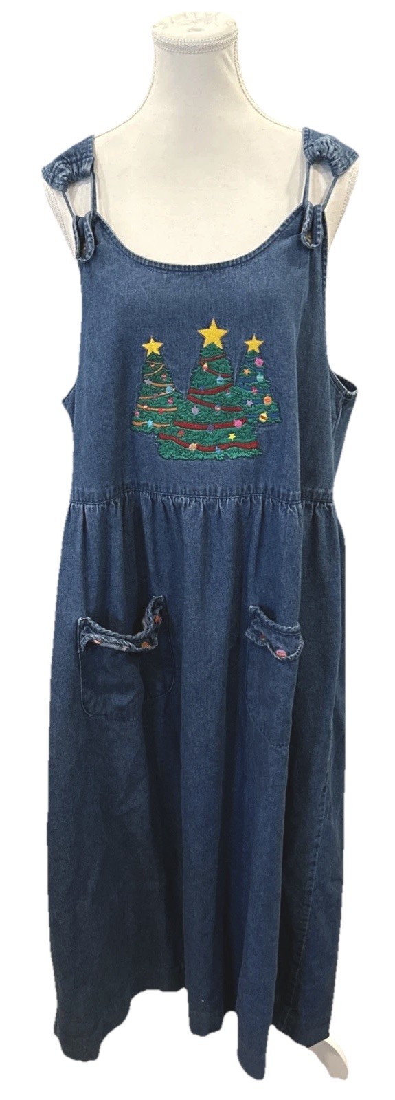 VTG Westbound Denim Christmas Holiday Embroidered Pockets Maxi Jumper Dress XL