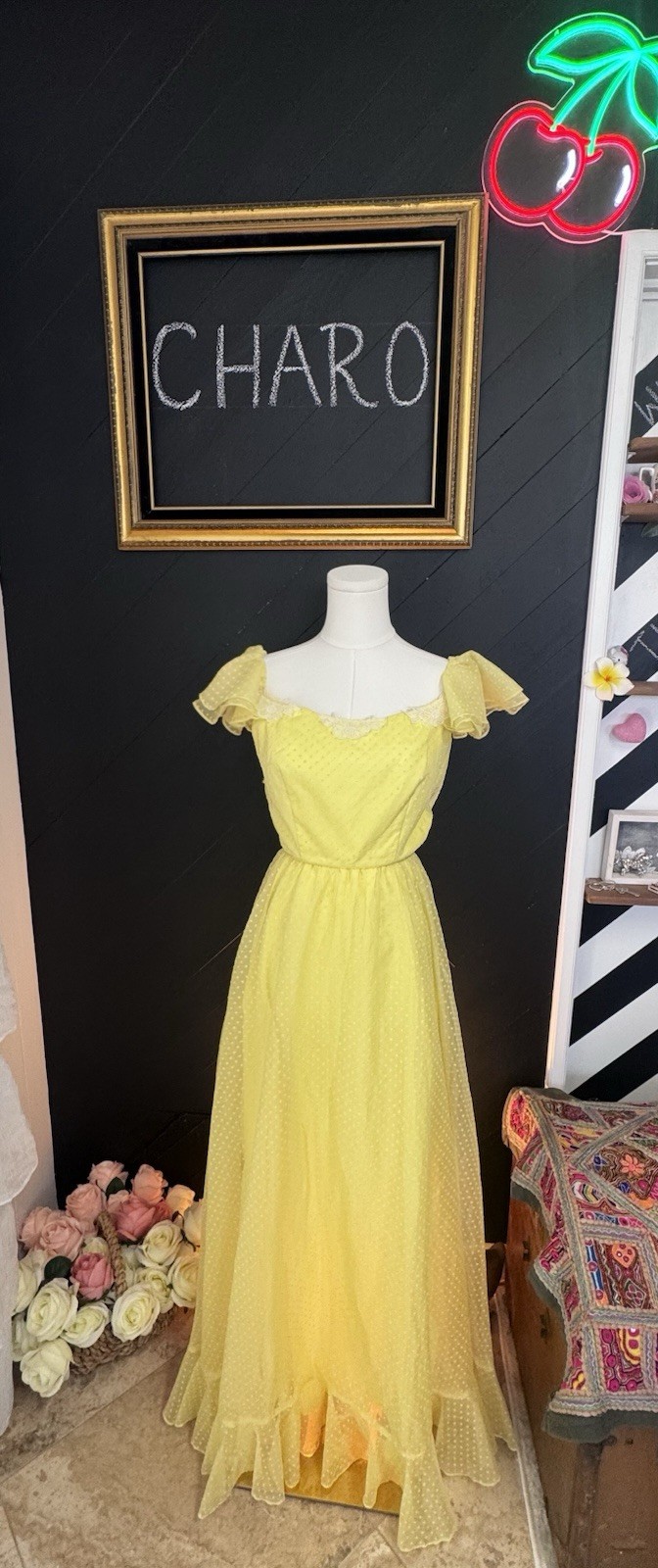 Vintage 1950s Yellow Swiss Dot Tulle Gown with Ruffle Sleeves and Lace Trim