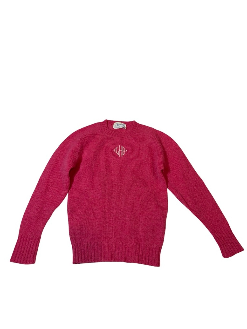 Deans of Scotland Shetland Wool Sweater Pink Monogram Crewneck UK Size 36