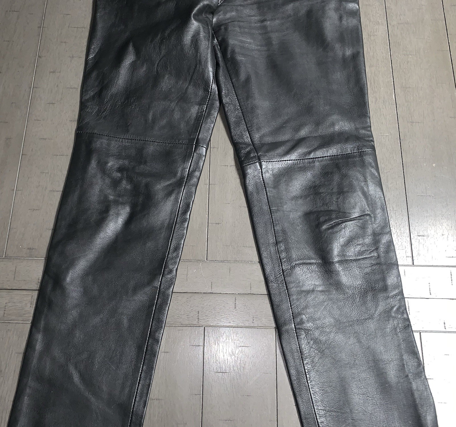 B1 Y2K CANDA C&A BLACK SOFT LEATHER PANTS SZ 4 RAW HEM BOOTCUT MOTORCYCLE 24×31”