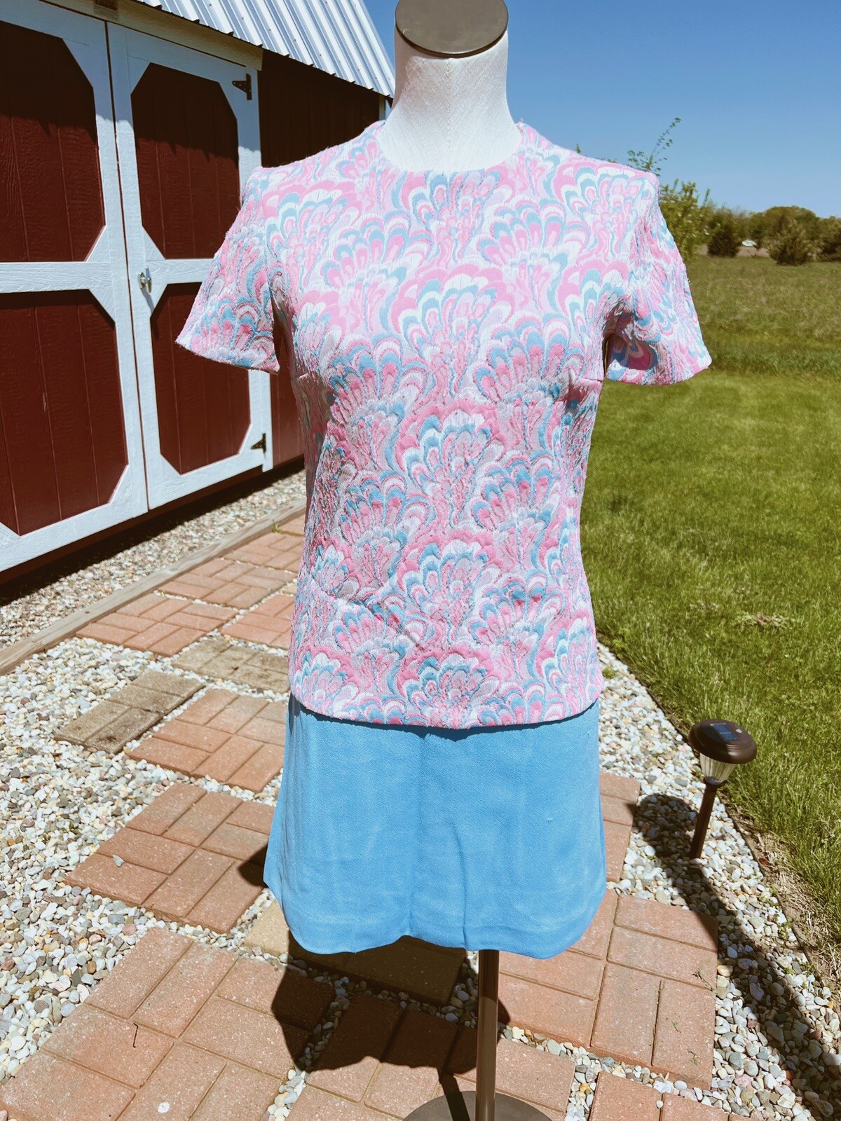 Vintage Polyester Light Blue And Pink Skirt and Shirt Set 60’s