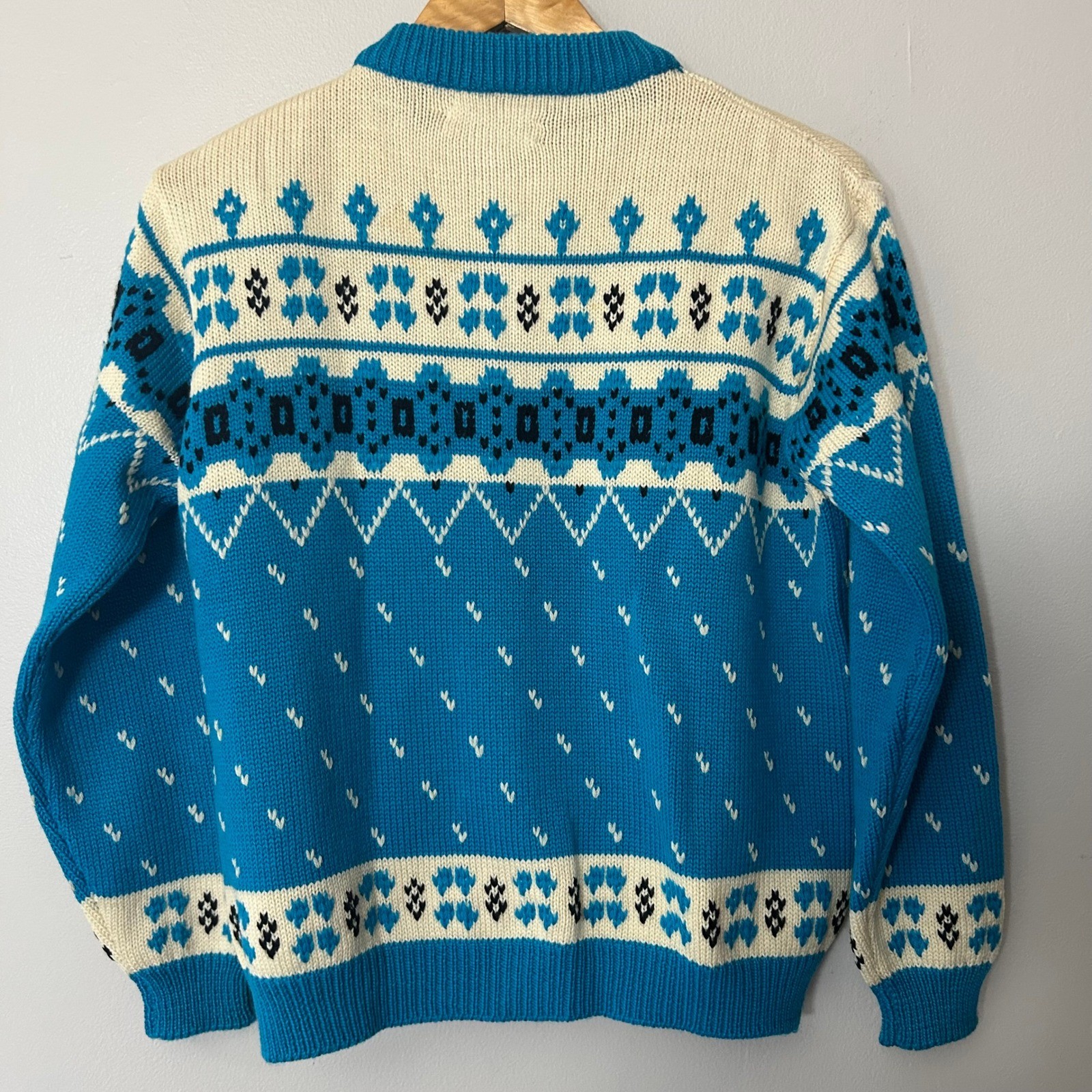 Winkelmans Vintage Sweater Cardigan Fair Isle Blue White 38 Virgin Wool Italy