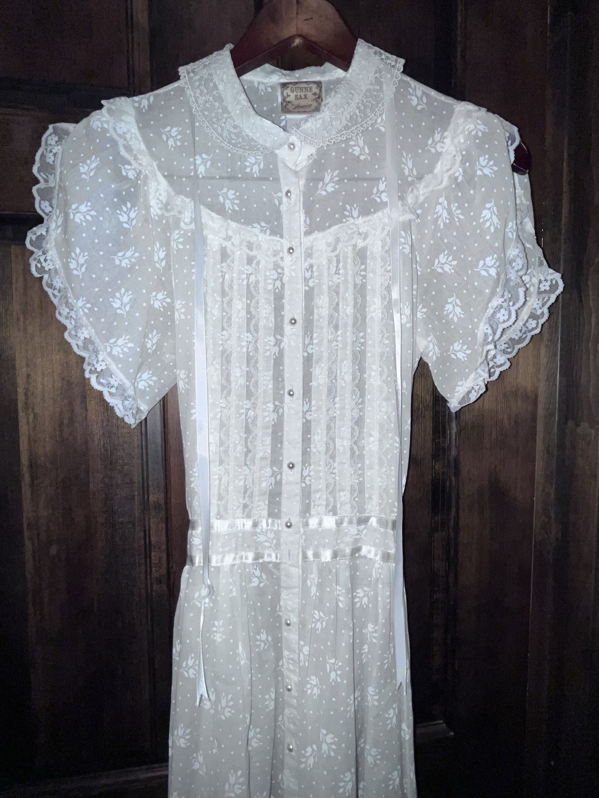 Vintage Gunne Sax by Jessica McClintock Floral Lace Sleeve Pearl Dress Size 9