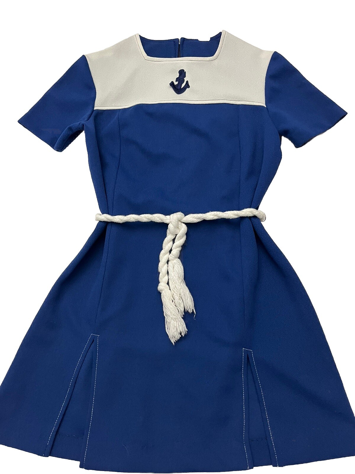 1970s Retro MINI DRESS-Navy Look-Anchor Motif-Side Slits-Braided Rope Belt-Sz 8?