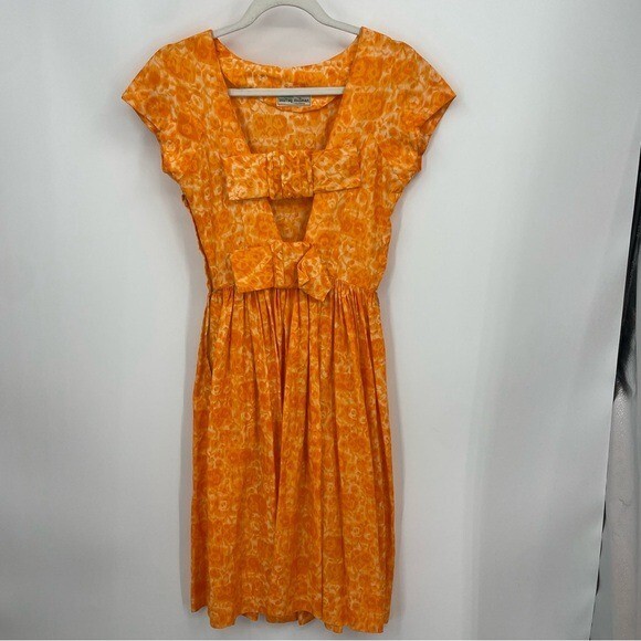 Vintage 50’s Murray Millman swing dress orange midi Sz XS cutout bow back