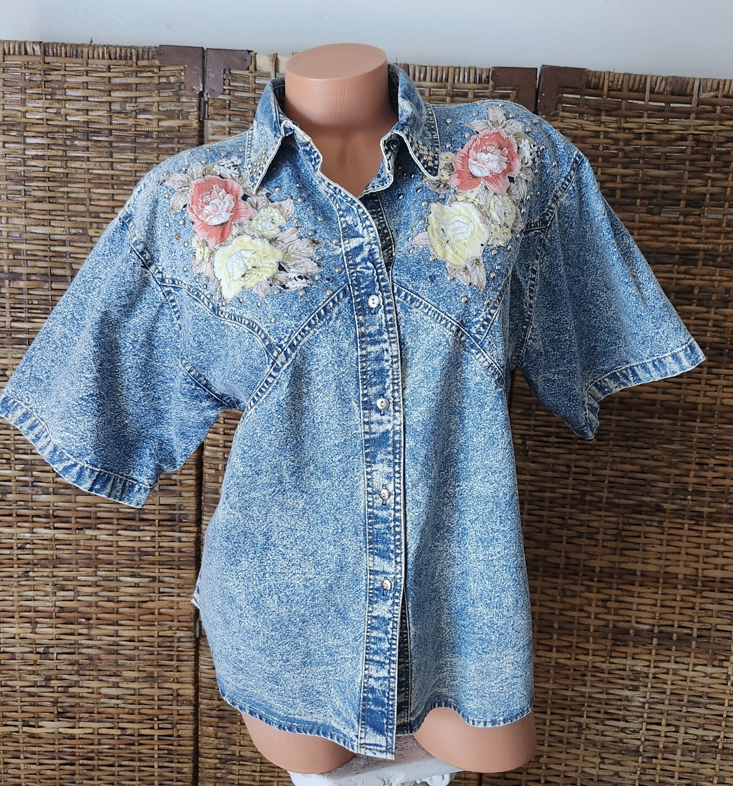 Retro 80’s Stanger Things Style Blue Cotton Denim Button Blouse Top Shirt Sz M