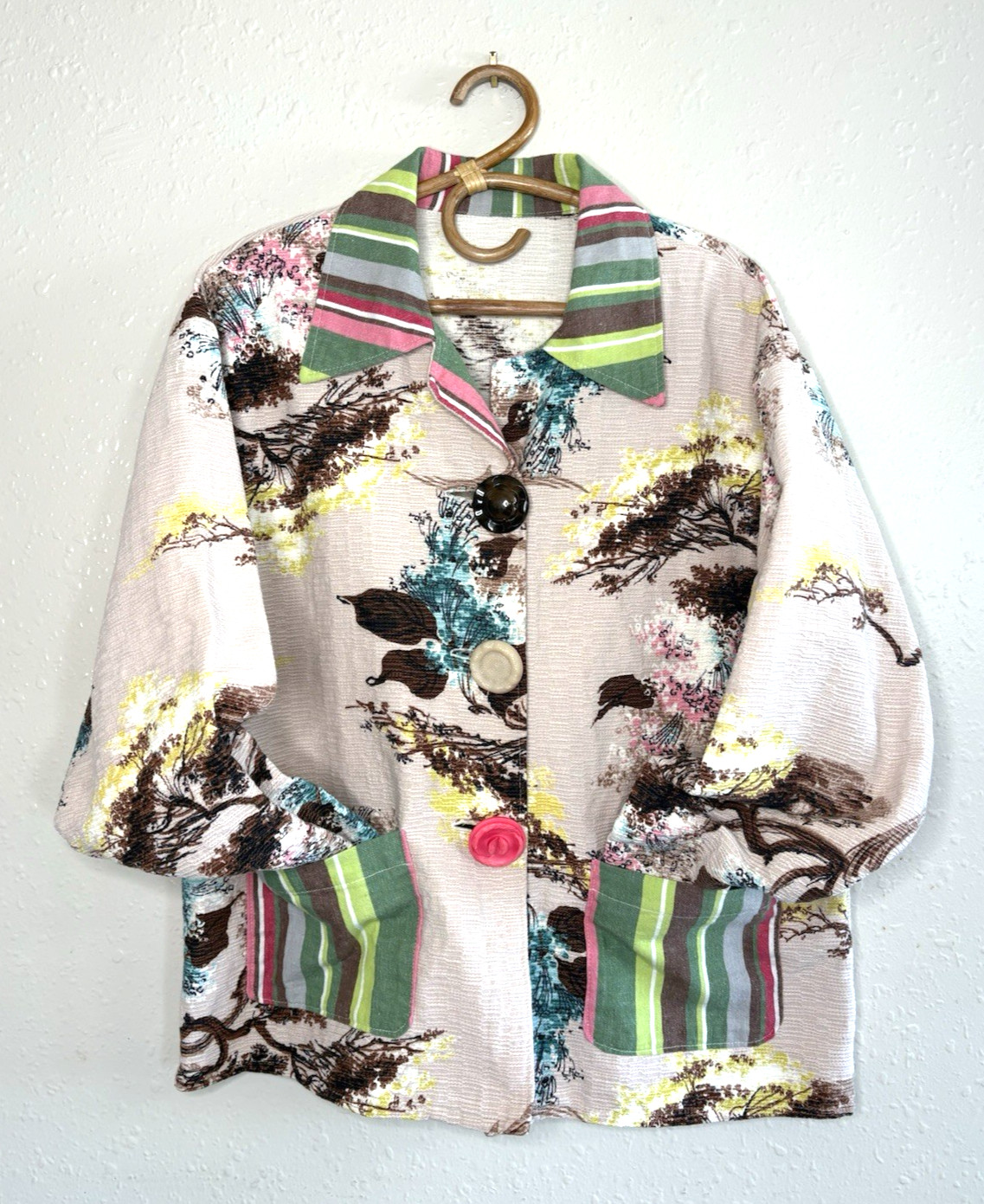 Vintage Mod 60s 70s Barkcloth Patio Chore Jacket Tropical Colorful Women’s XL 1X