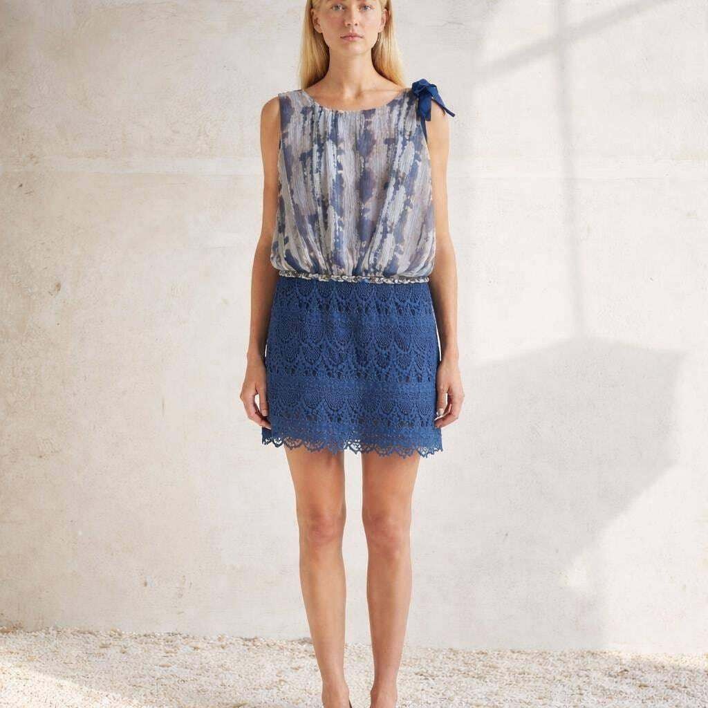 100% Silk blue tie dye dress summer, bow shoulder detail, bohemian chic evening