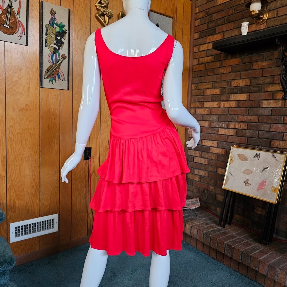 Vintage 80s New Wave Punk Cherry Red Tiered Ruffle Skirt Tank Top Day Dress M