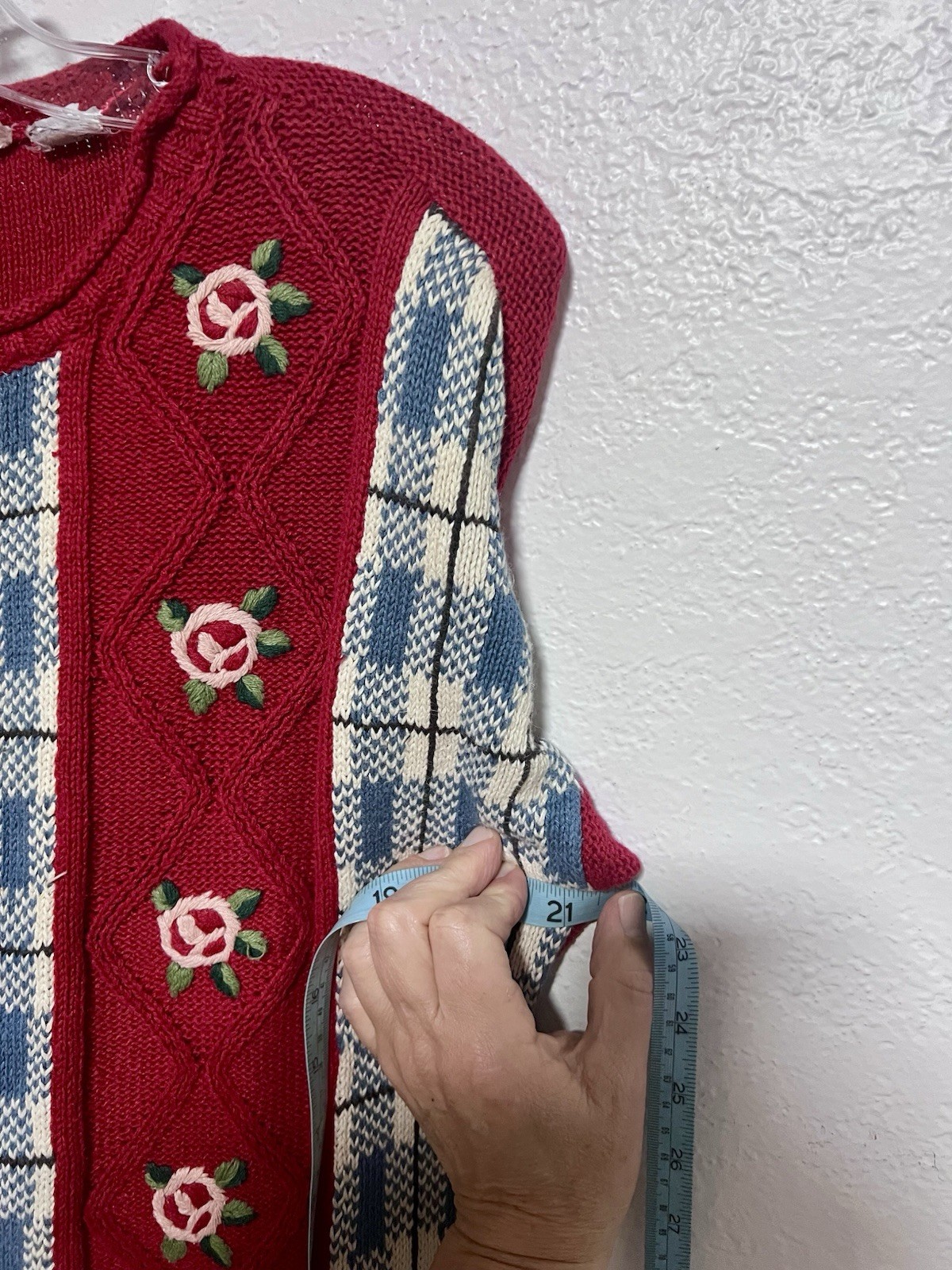 Vtg 80s Crazy Horse Sm Red Sweater Rose Embroidered Plaid Novelty Knit