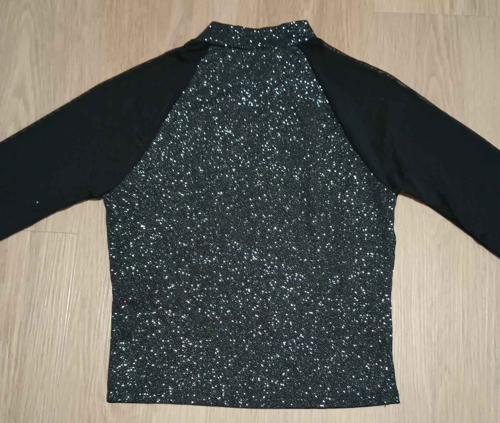 Vtg 80s Stretchy Silver Metallic Glitter Sparkly Sheer Mesh Sleeve Crop Top XS