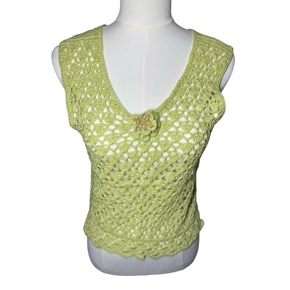 Vintage Style Lime Green Crochet Knit Vest V-Neck Sequin Flower Detail Top