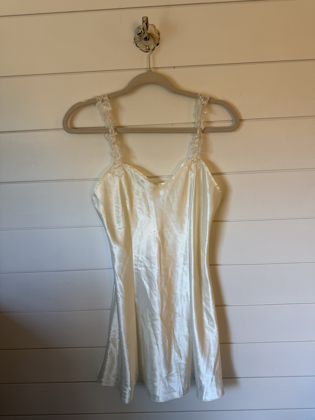 Ivory Satin Lace Slip Regular Size Pearl Lace Straps Sleepwear Lingere