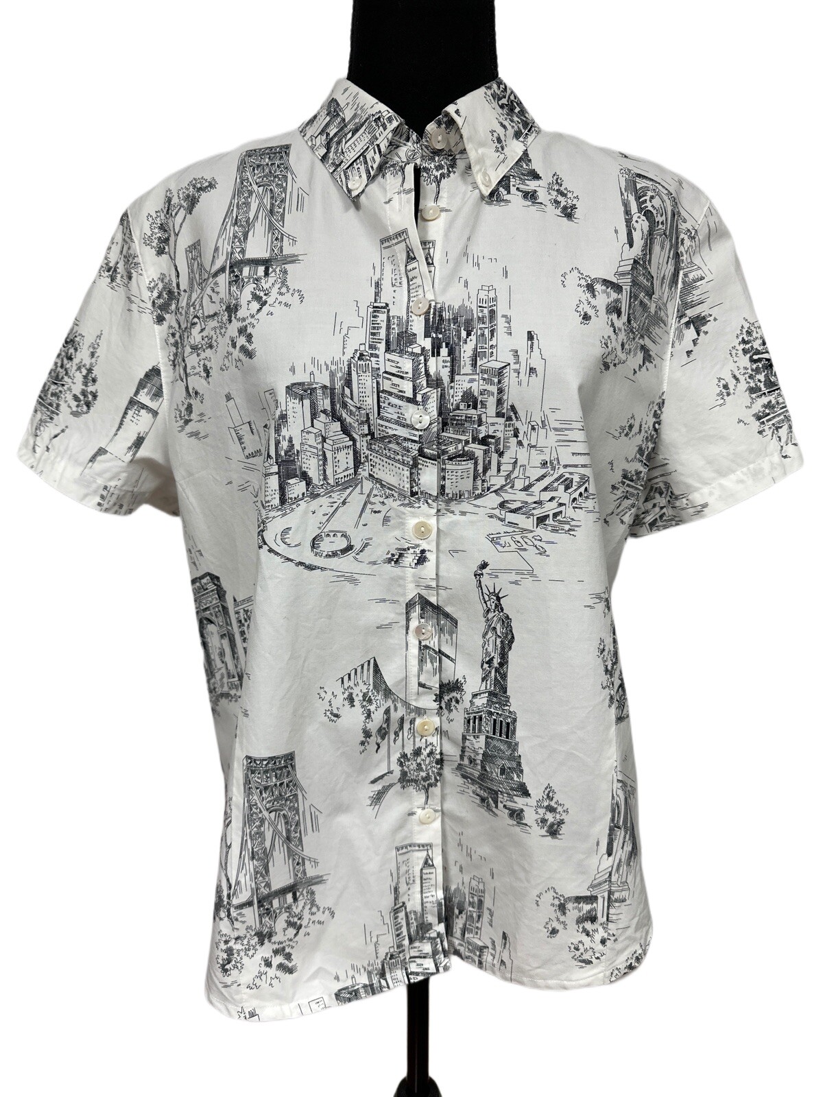 Vtg Josephine Chaus Sport Sz Lg Button-Down Blouse New York City Skyline Career