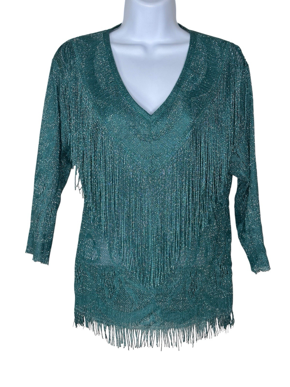 Vintage 70s 80s 90s Teal Knit Top Fringe Silver Frederick’s of Hollywood SMALL