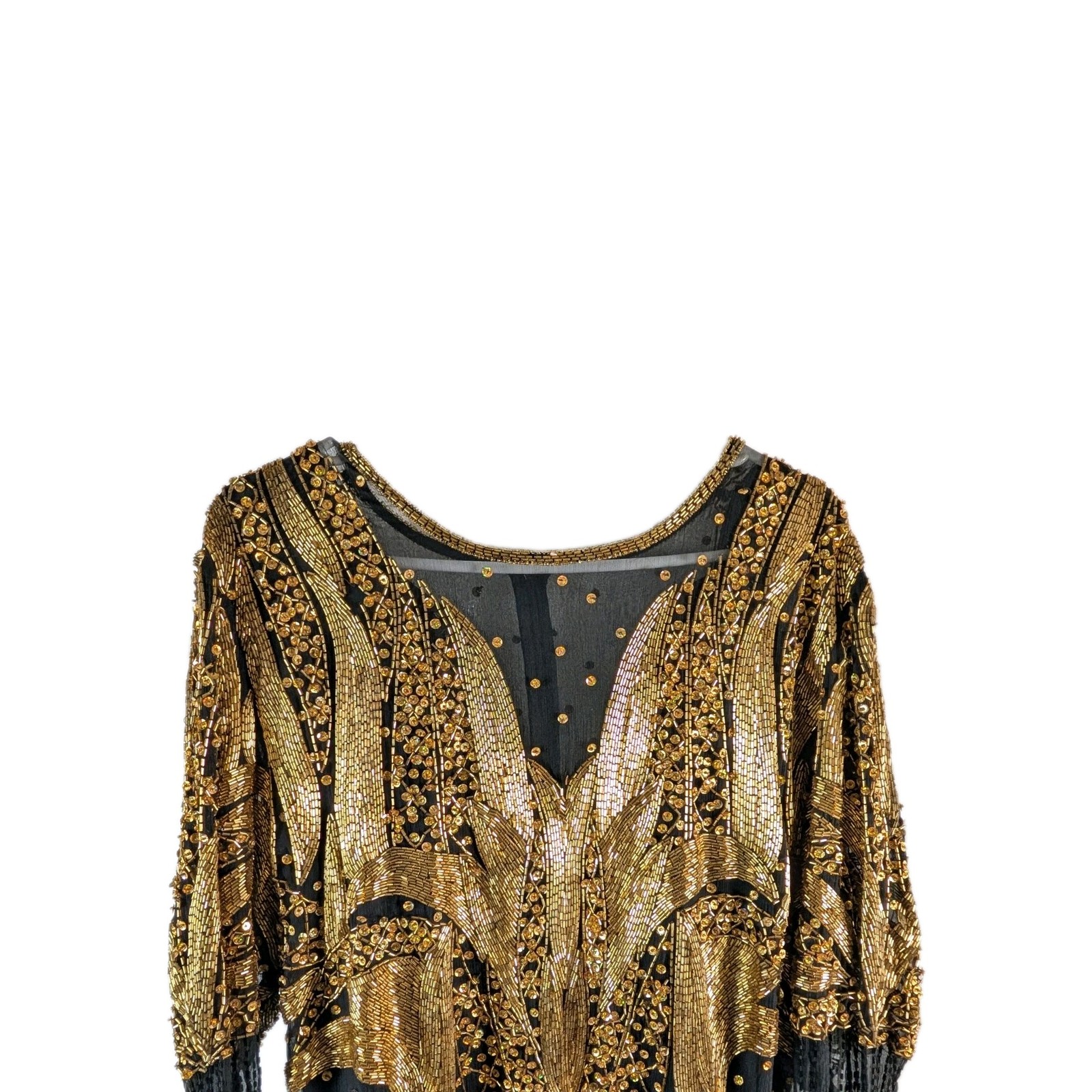 Vtg Landmark Silk Beaded Gown XL, Black Gold Sequin Maxi Dress, Flapper READ