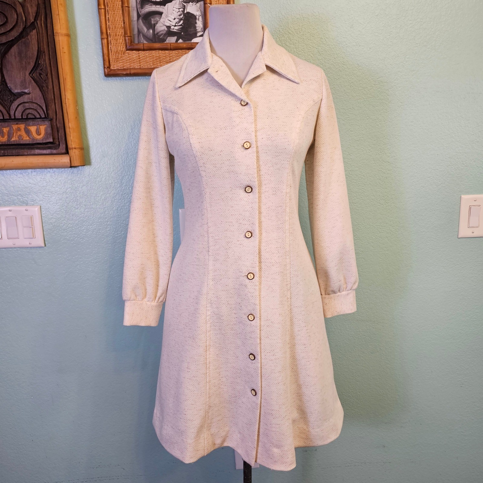 Vintage 70s Sears Double Knit Polyester Shirt Dress Dagger Collar Size M USA Mod