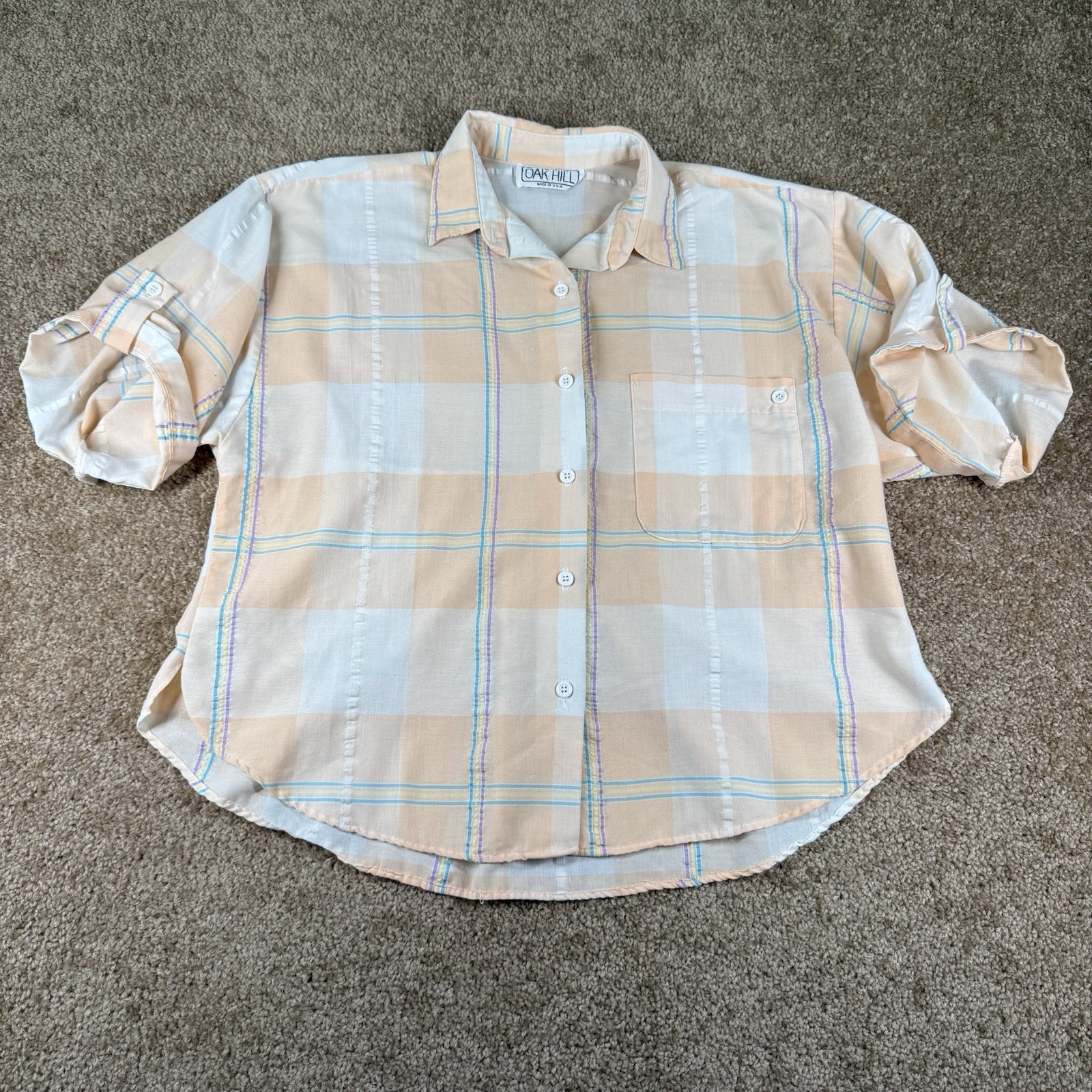 Vintage Oak Hill Orange Multi Colored Button Up Short Sleeve Blouse XL