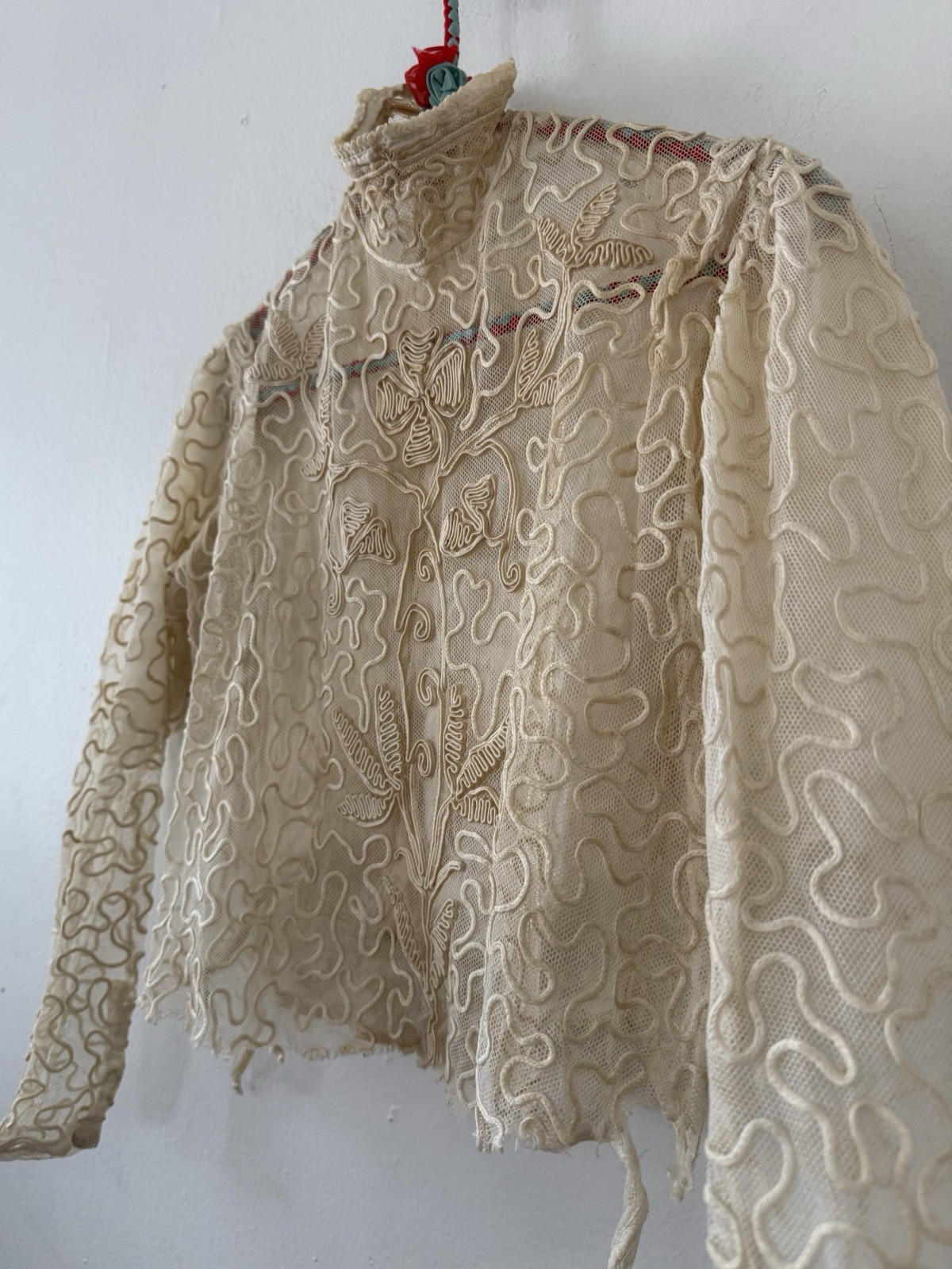 Antique Sheer Net Lace Blouse Top Cord Soutache Embroidery Art Nouveau Bridal XS
