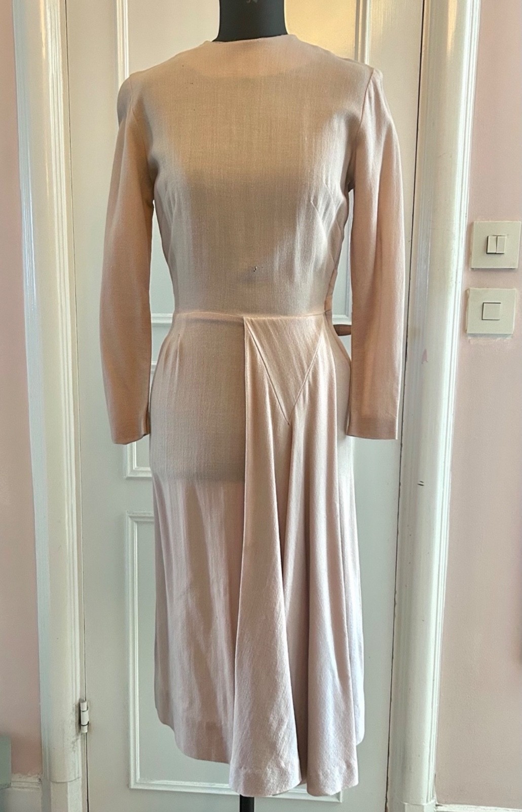 1940s Handmade Forstmann virgin wool crêpe dress dusty pink draped XXS 32